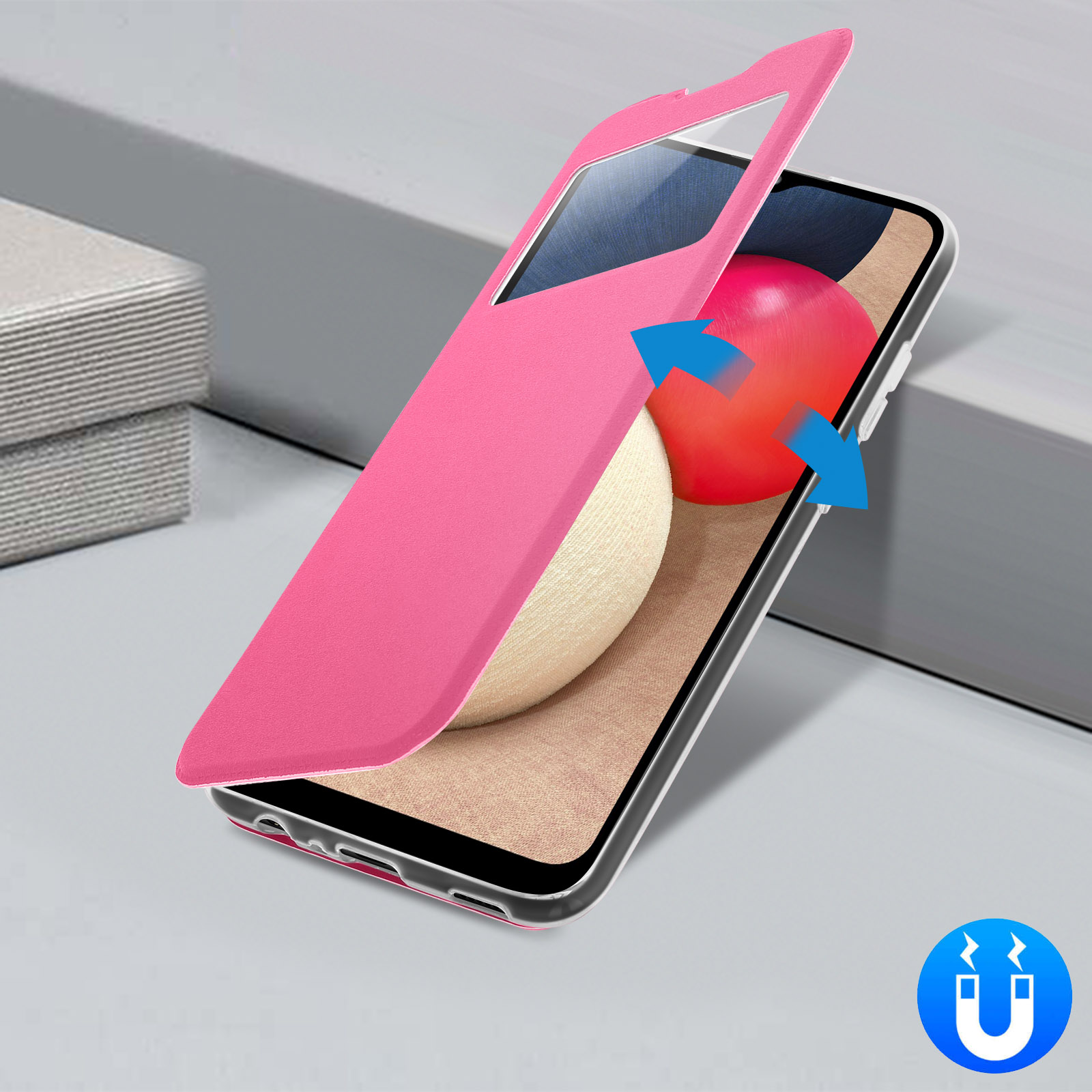 Custodia rosa per telefono con coperchio aperto, che rivela un telefono. Frecce indicano chiusura magnetica.