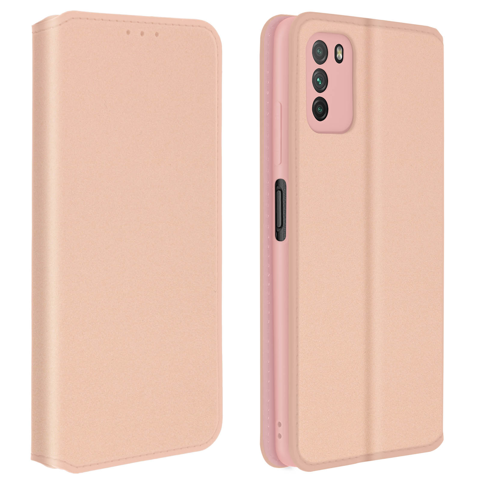 Custodia per telefono rosa, aperta per rivelare il telefono. La custodia è su una superficie bianca.