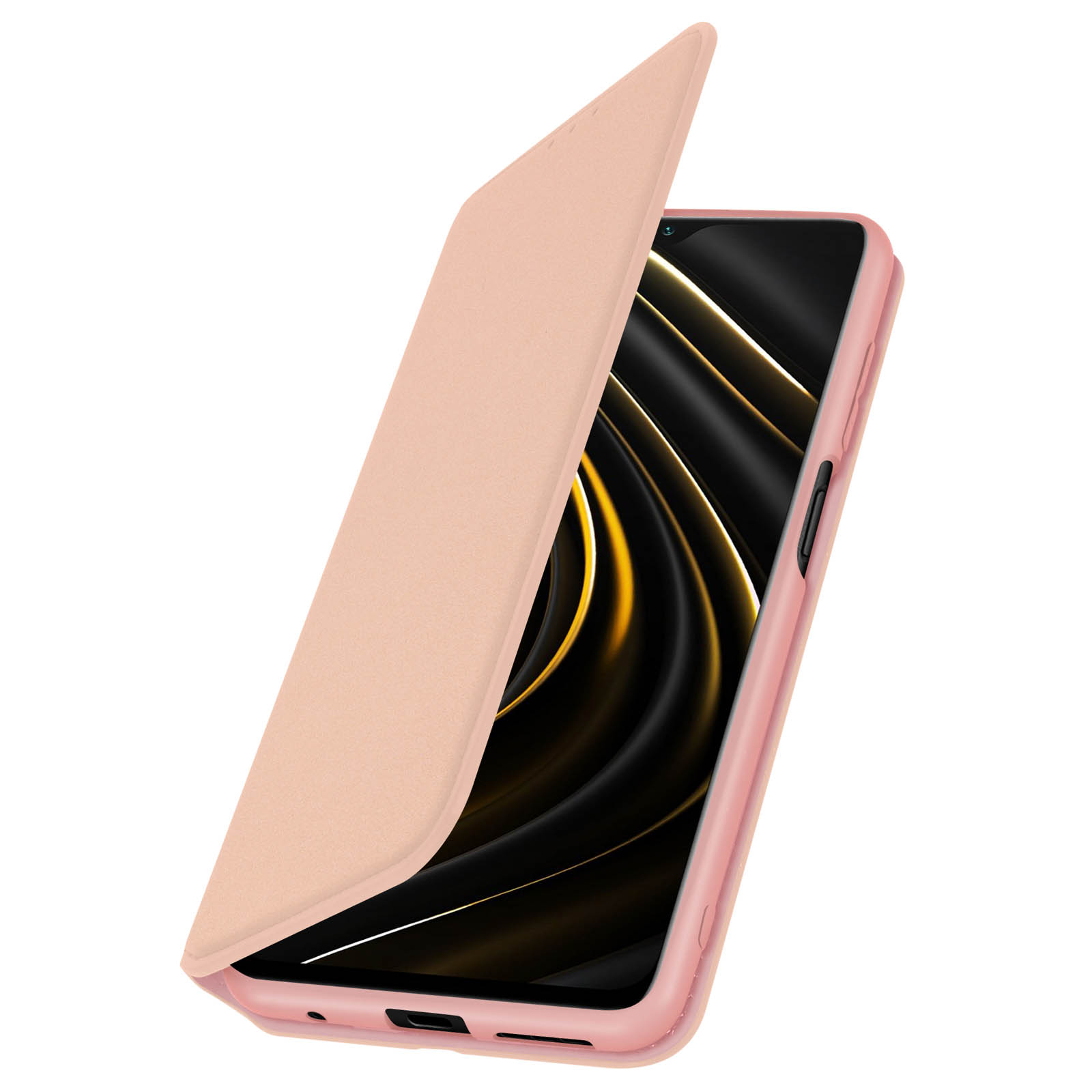 Custodia per telefono rosa aperta, che rivela un telefono nero.