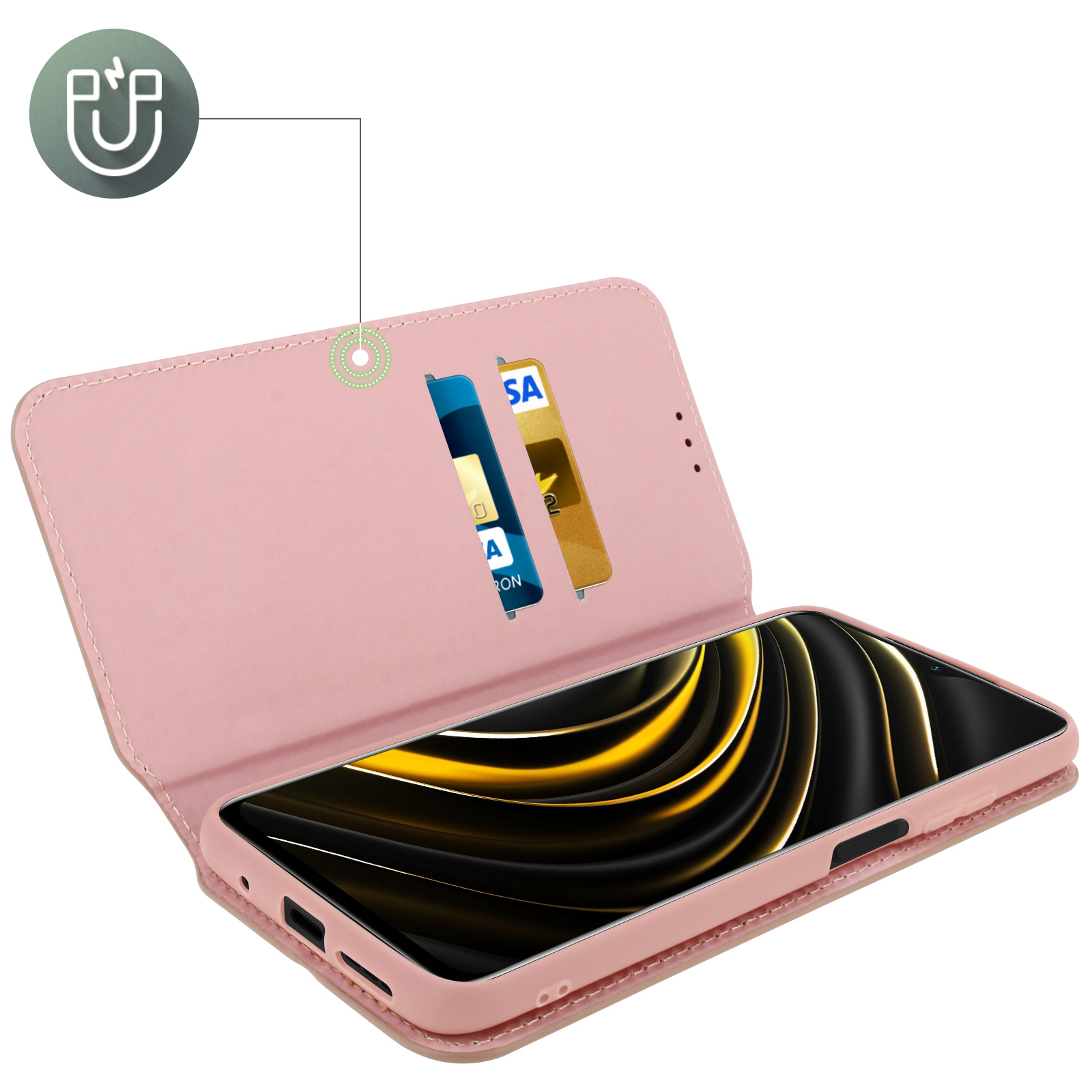 Una custodia rosa aperta con carte nelle fessure. Il telefono è all'interno, visibile.