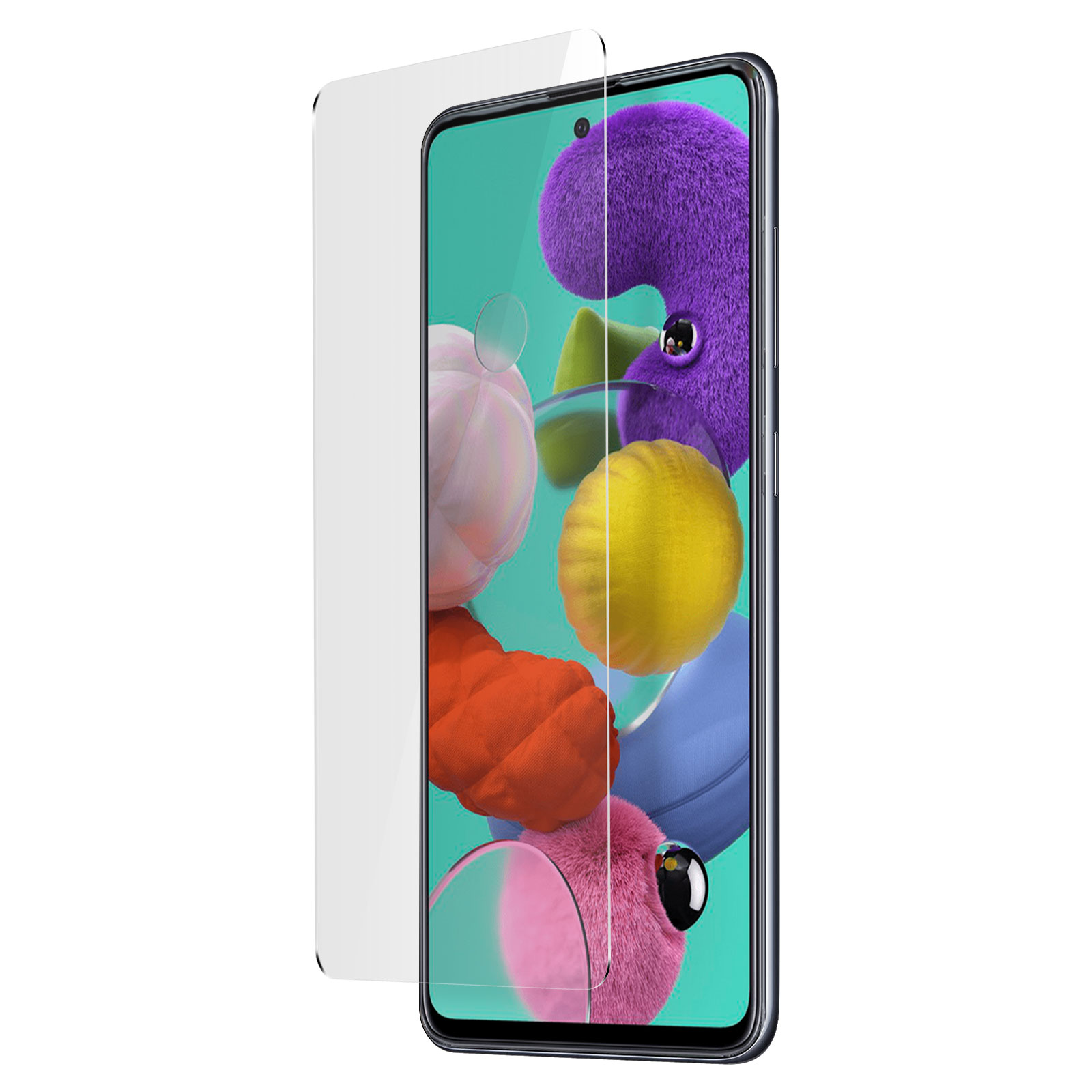 Smartphone con protezione schermo. Mostra personaggi colorati, protezione trasparente.