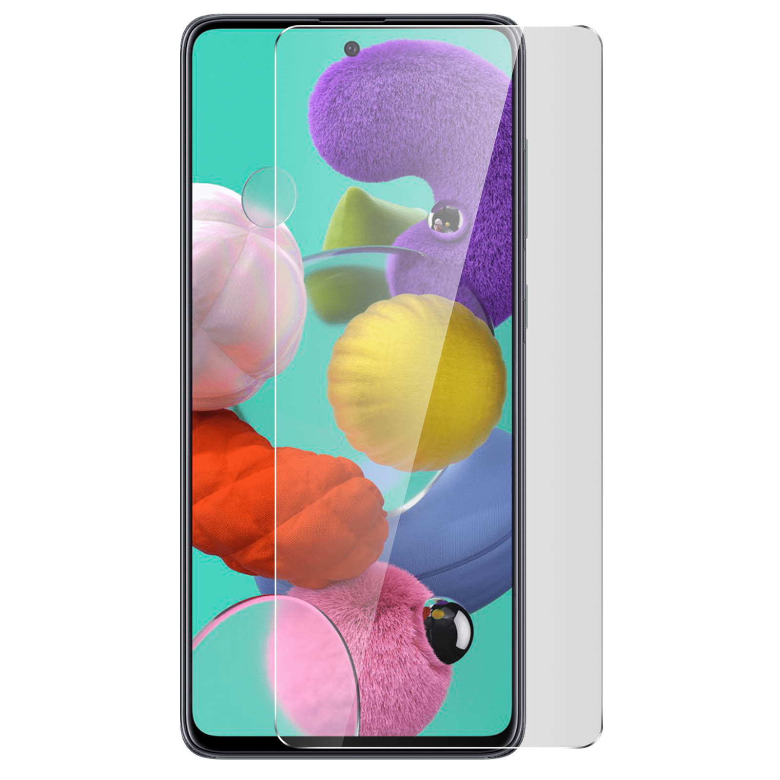 Telefono con protezione schermo, sfondo colorato con forme astratte.