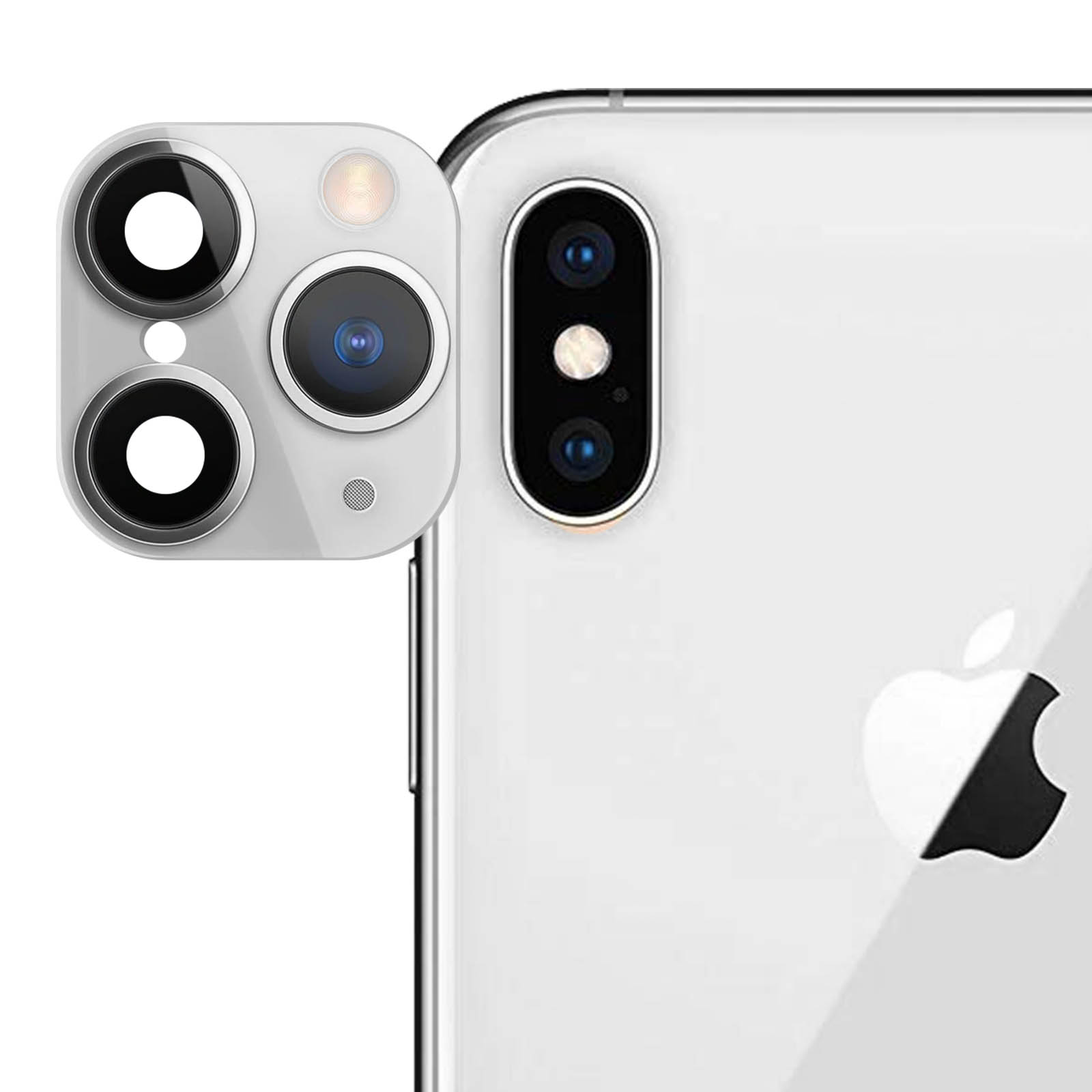 Un primo piano di un iPhone con tre obiettivi della fotocamera a sinistra e due a destra. Il logo Apple è visibile.