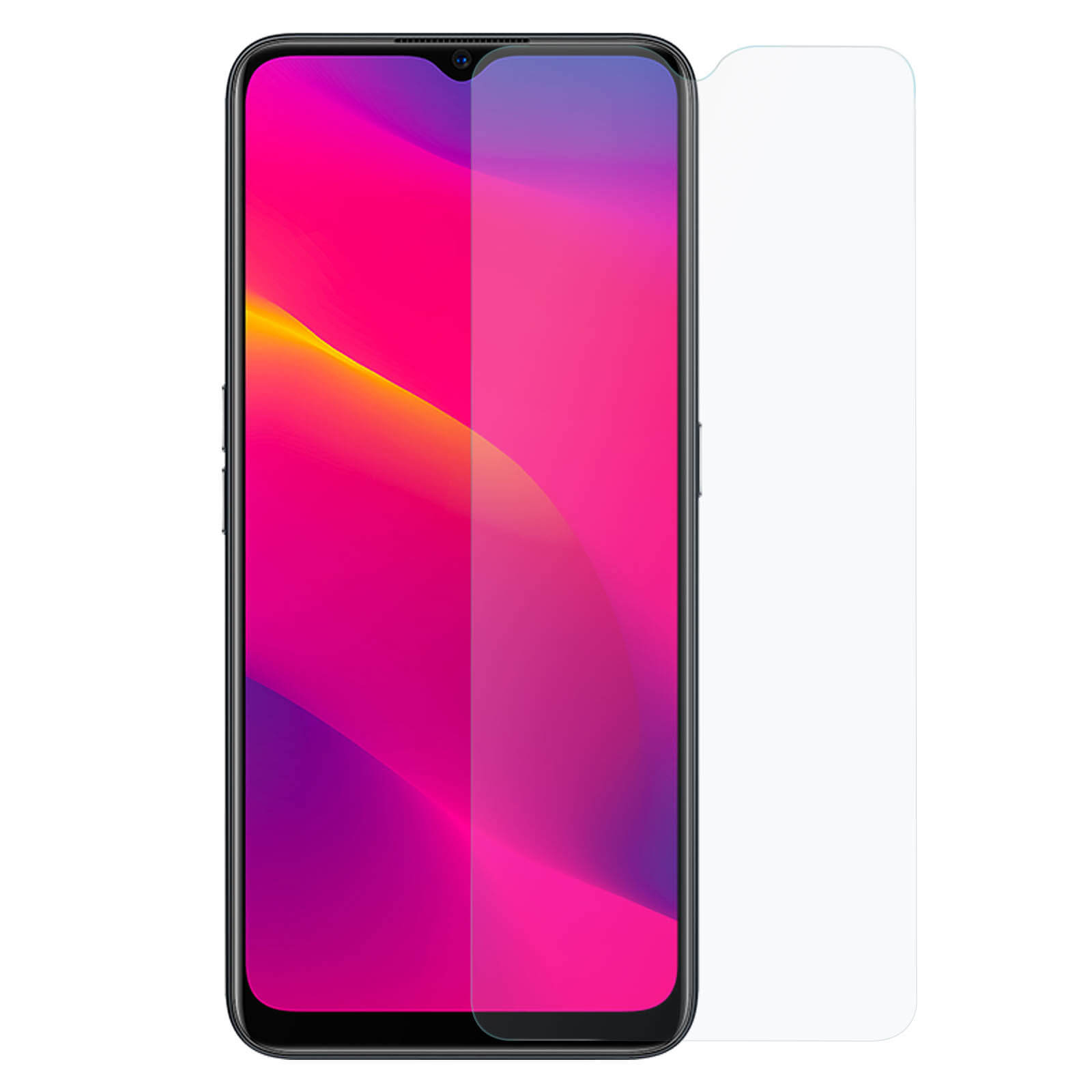 Un telefono con un proteggi schermo, con uno sfondo rosa e viola.