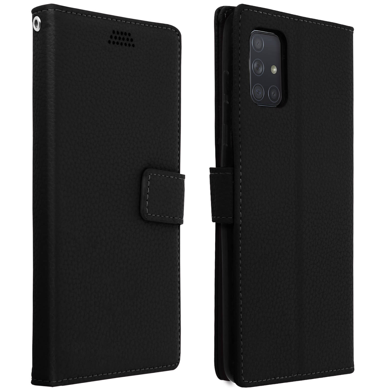 Custodia nera per telefono, aperta e chiusa, con effetto pelle strutturata.