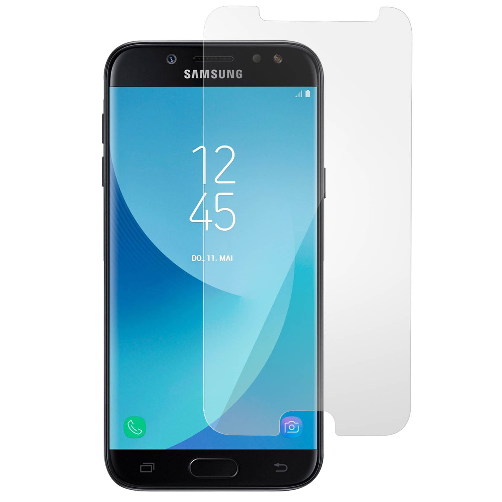 Smartphone negro con protector de pantalla. Muestra hora y fecha. Fondo blanco.