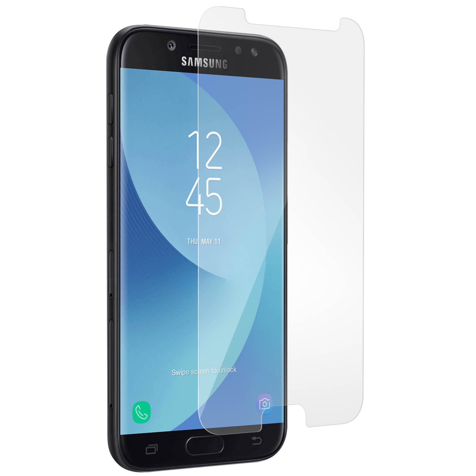 Smartphone con protector de pantalla. El teléfono es negro con protector transparente. Hora: 12:45, 11 de mayo.