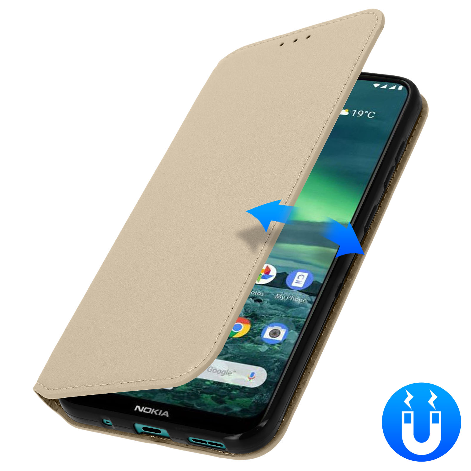Una custodia beige per telefono è aperta. Lo schermo mostra il display del telefono. C'è un'icona a calamita.