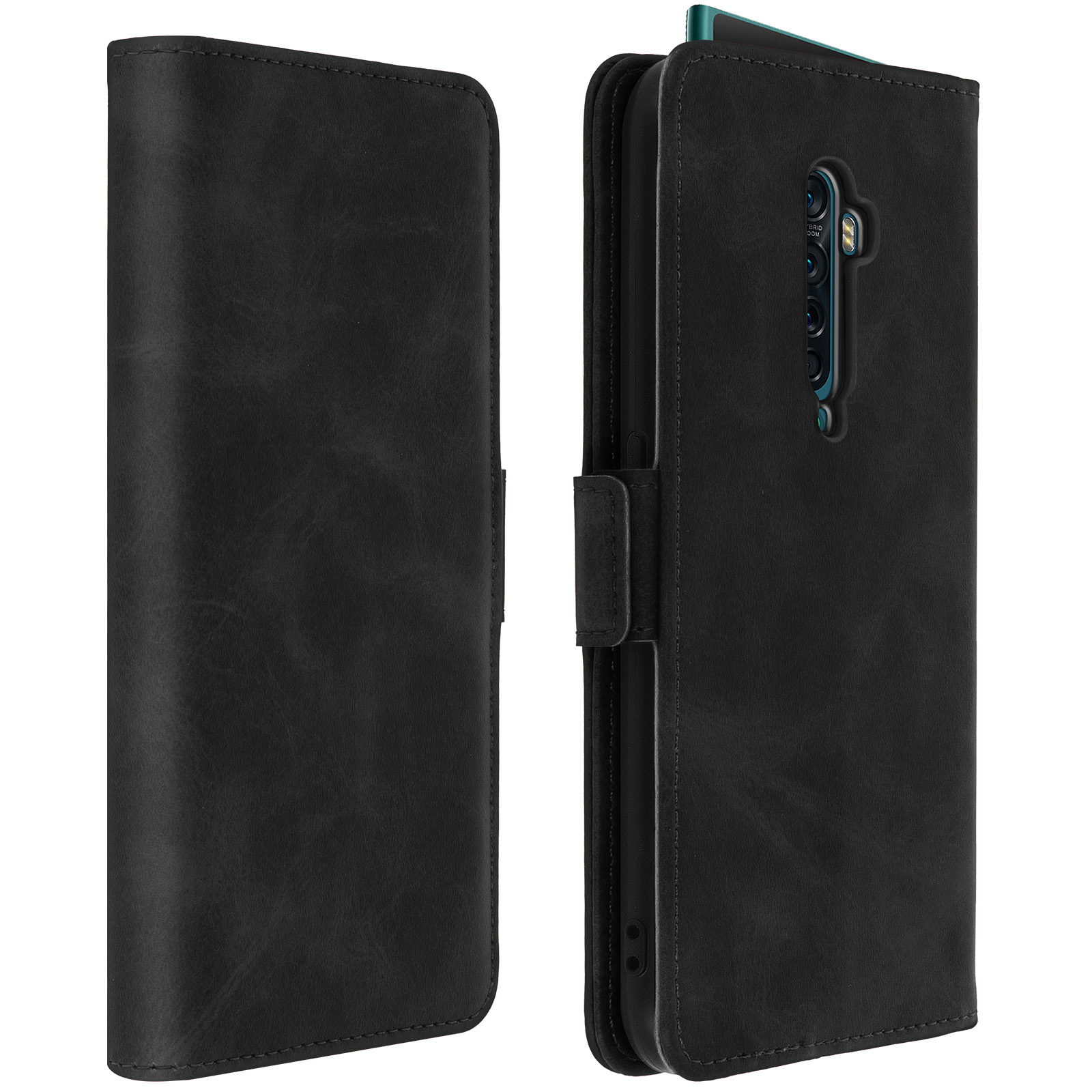 Étui de téléphone noir, ouvert et fermé. L'étui a des emplacements pour cartes et une fermeture magnétique.