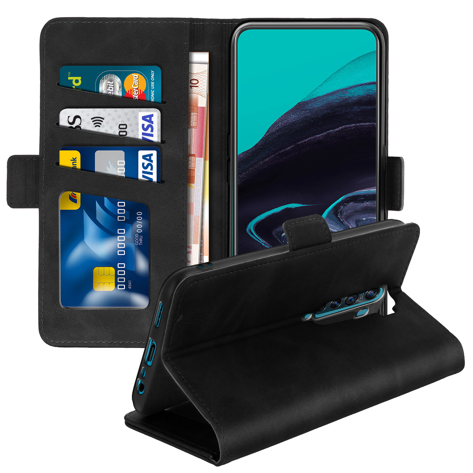 Étui de téléphone noir ouvert, montrant cartes et argent. Écran du téléphone visible.