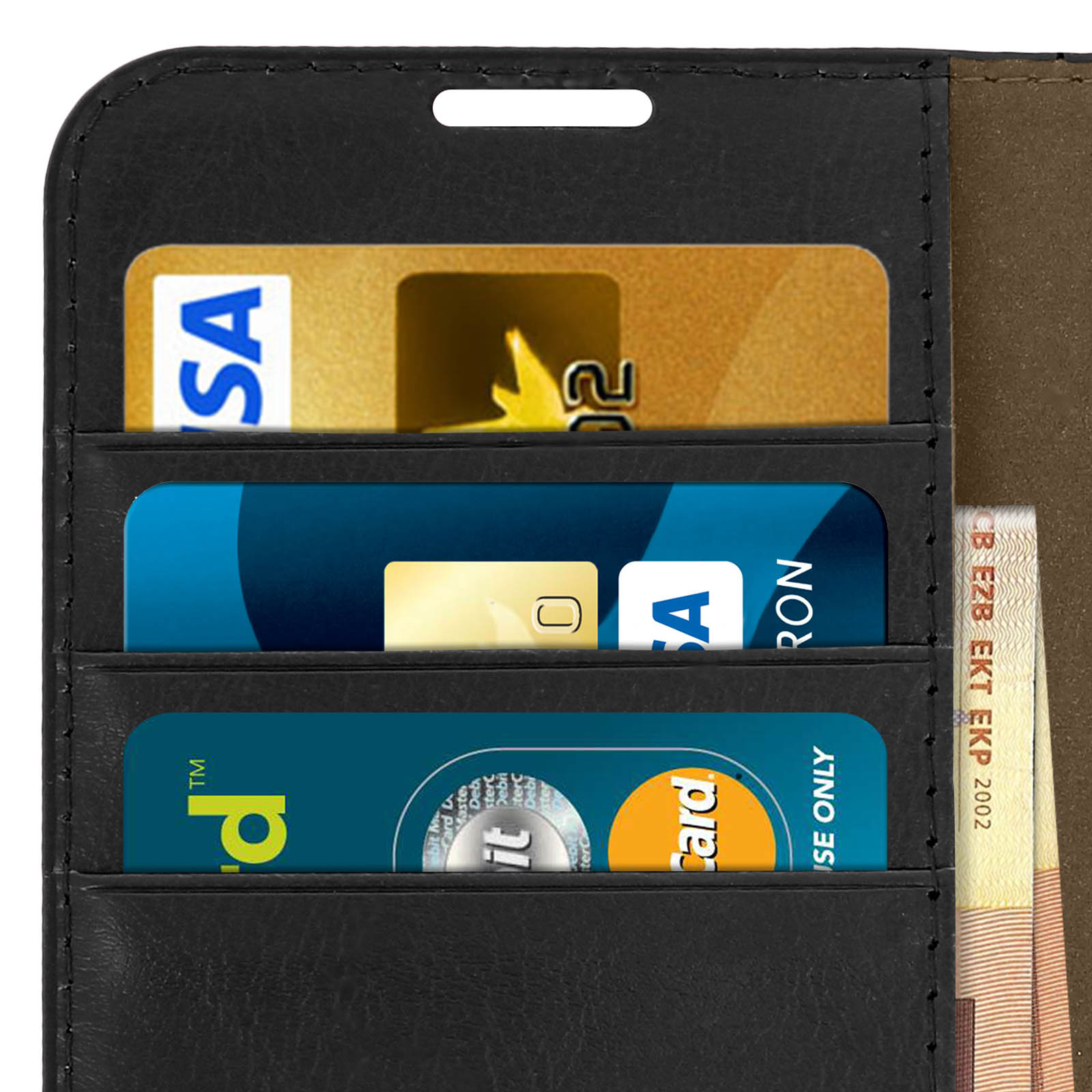 Primo piano di una custodia per telefono nera con carte di credito e contanti all'interno di tre slot.