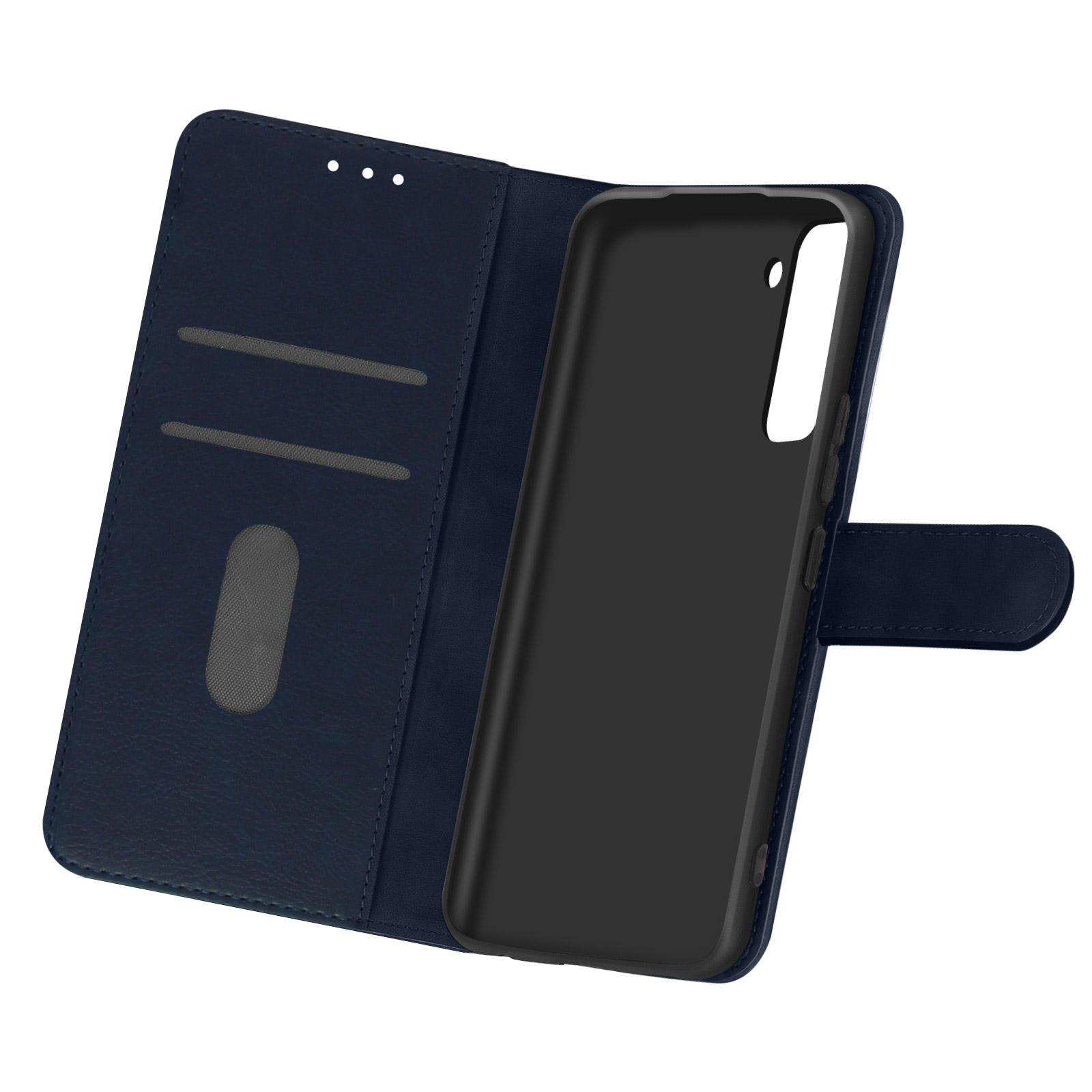 Custodia blu scuro per telefono, aperta, mostra retro e interno. Realizzata in materiale similpelle.