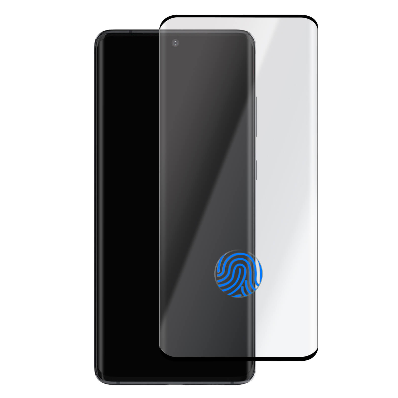 Smartphone con protezione schermo. Un'icona blu di impronta digitale è sullo schermo.