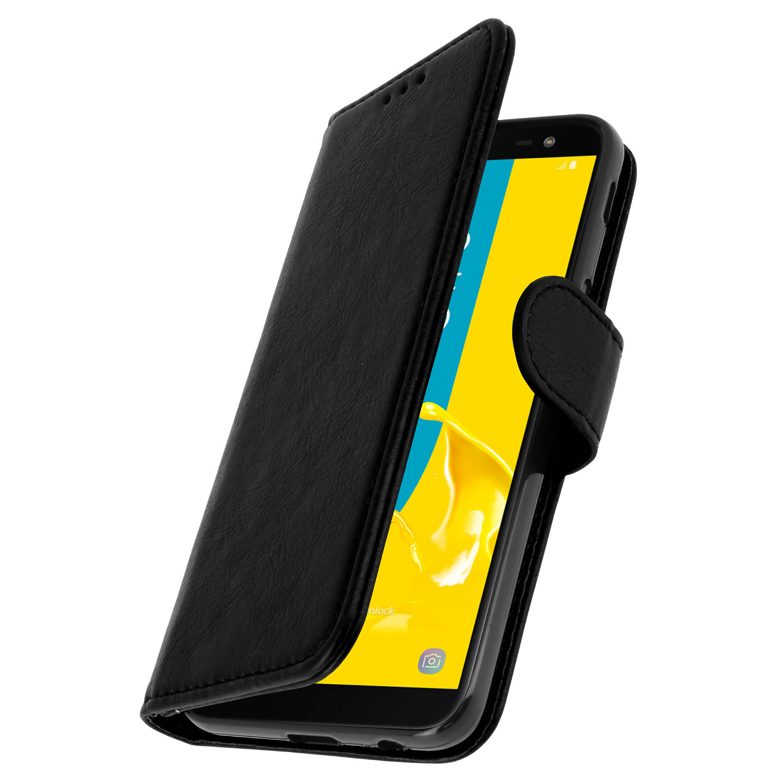 Telefono nero in una custodia in pelle nera, aperto con schermo visibile.