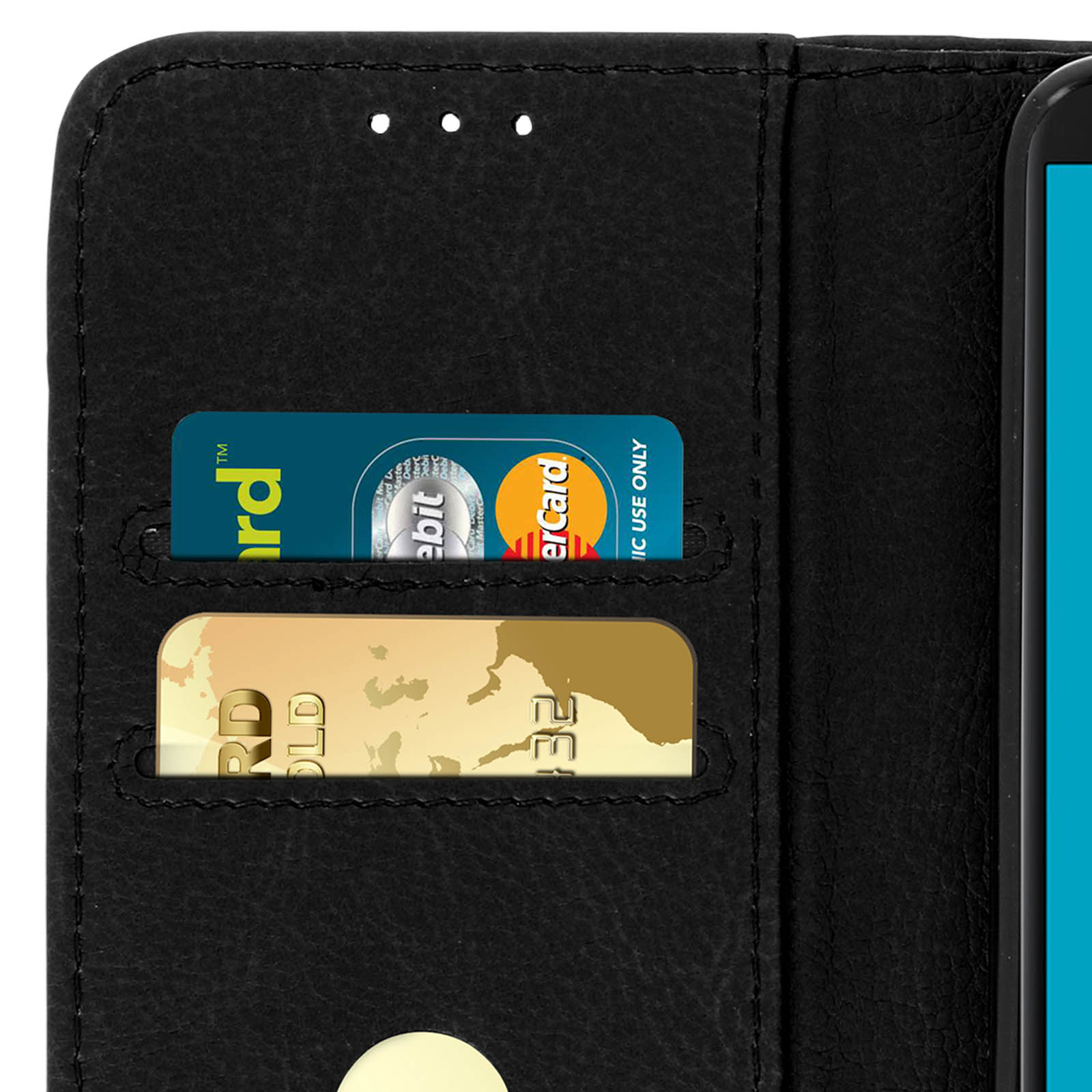 Una custodia a portafoglio nera con carte di credito all'interno.