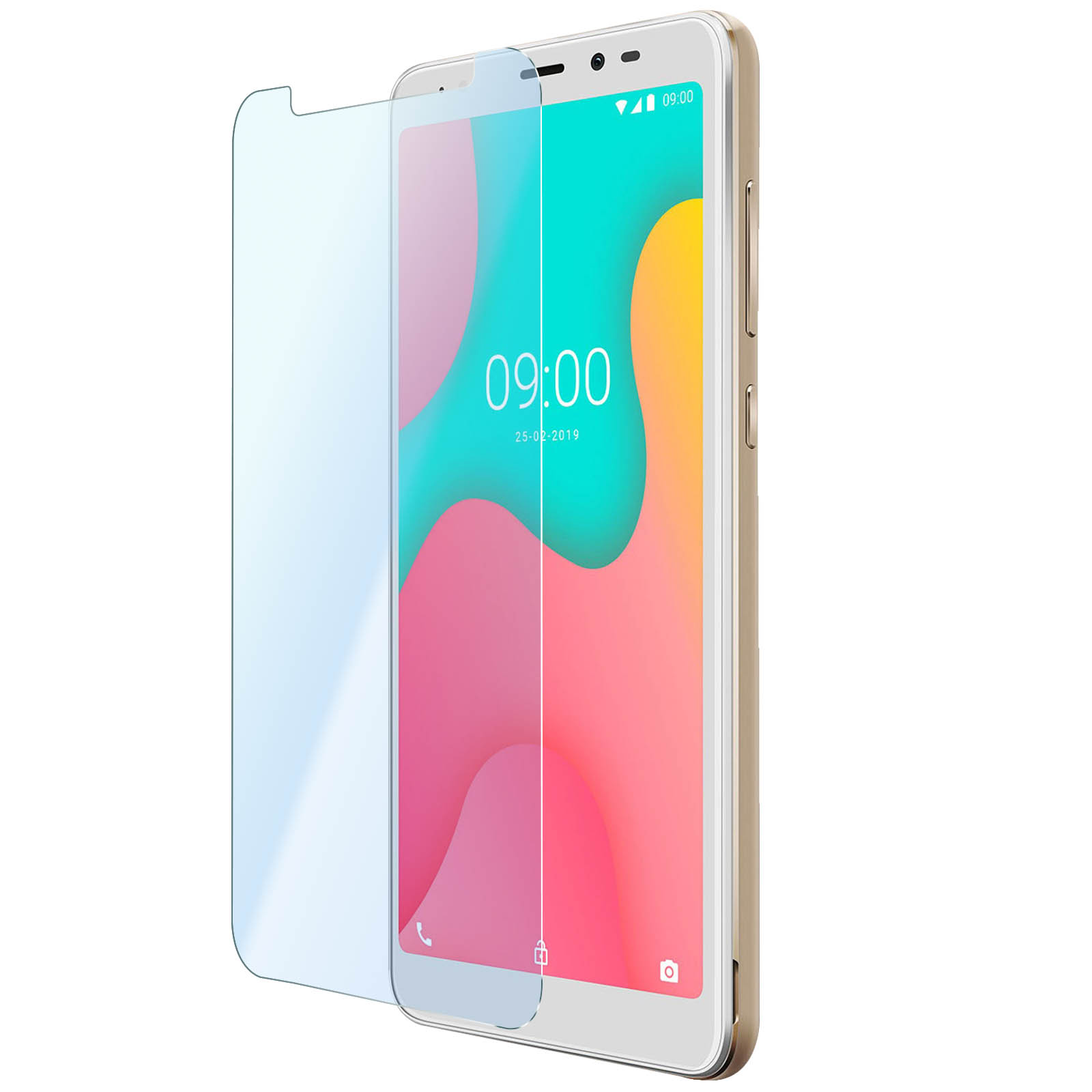 Smartphone con protezione schermo. Smartphone dorato con app sullo schermo, sfondo bianco.