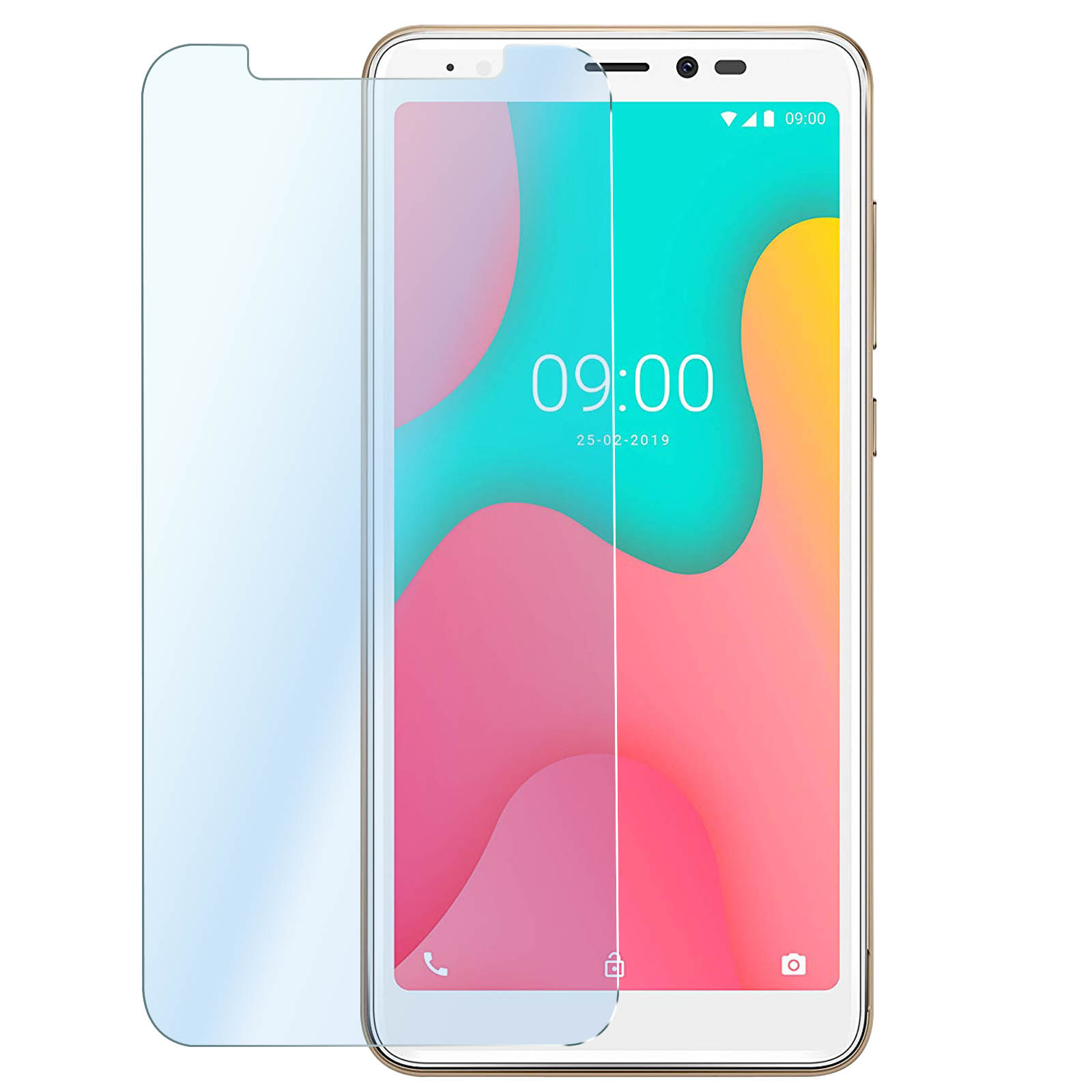 Un telefono con protezione schermo accanto. Il display mostra ora e data.