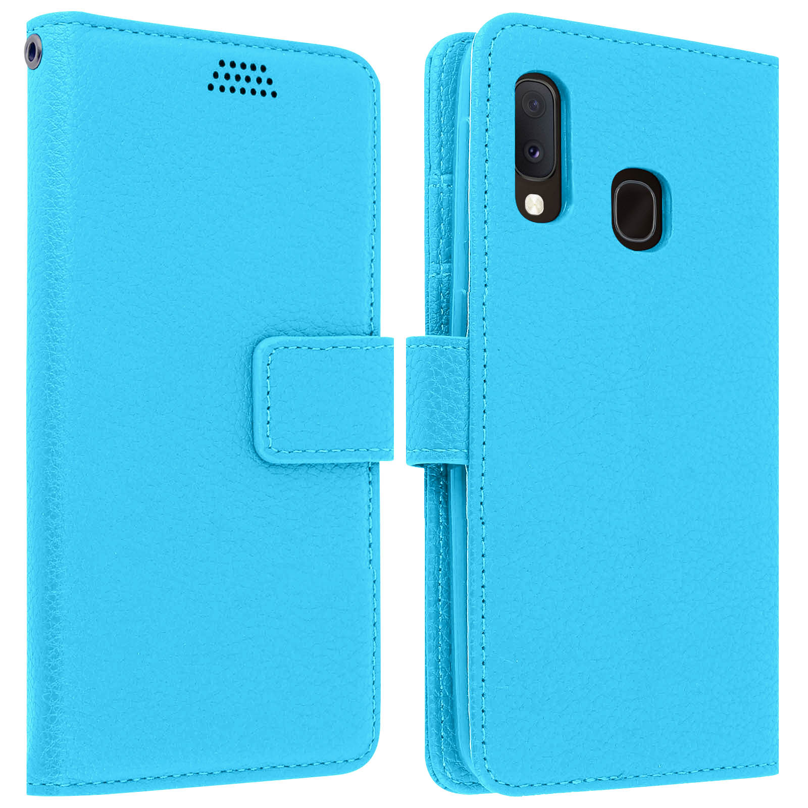 Un étui de téléphone bleu ouvert révélant un téléphone. L'étui est en simili cuir et possède un fermoir magnétique.
