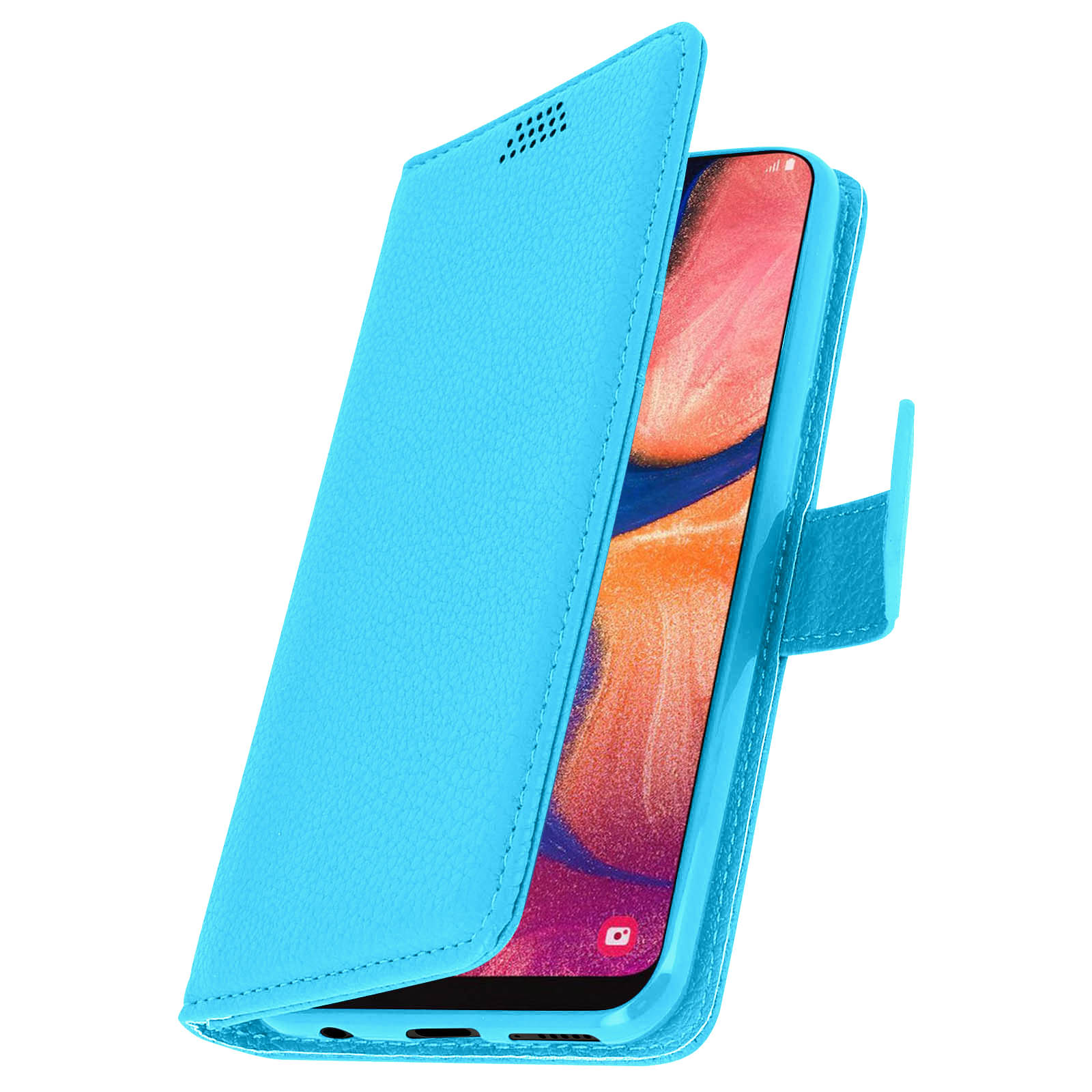 Étui de téléphone bleu ouvert pour révéler un téléphone. L'écran du téléphone est visible.