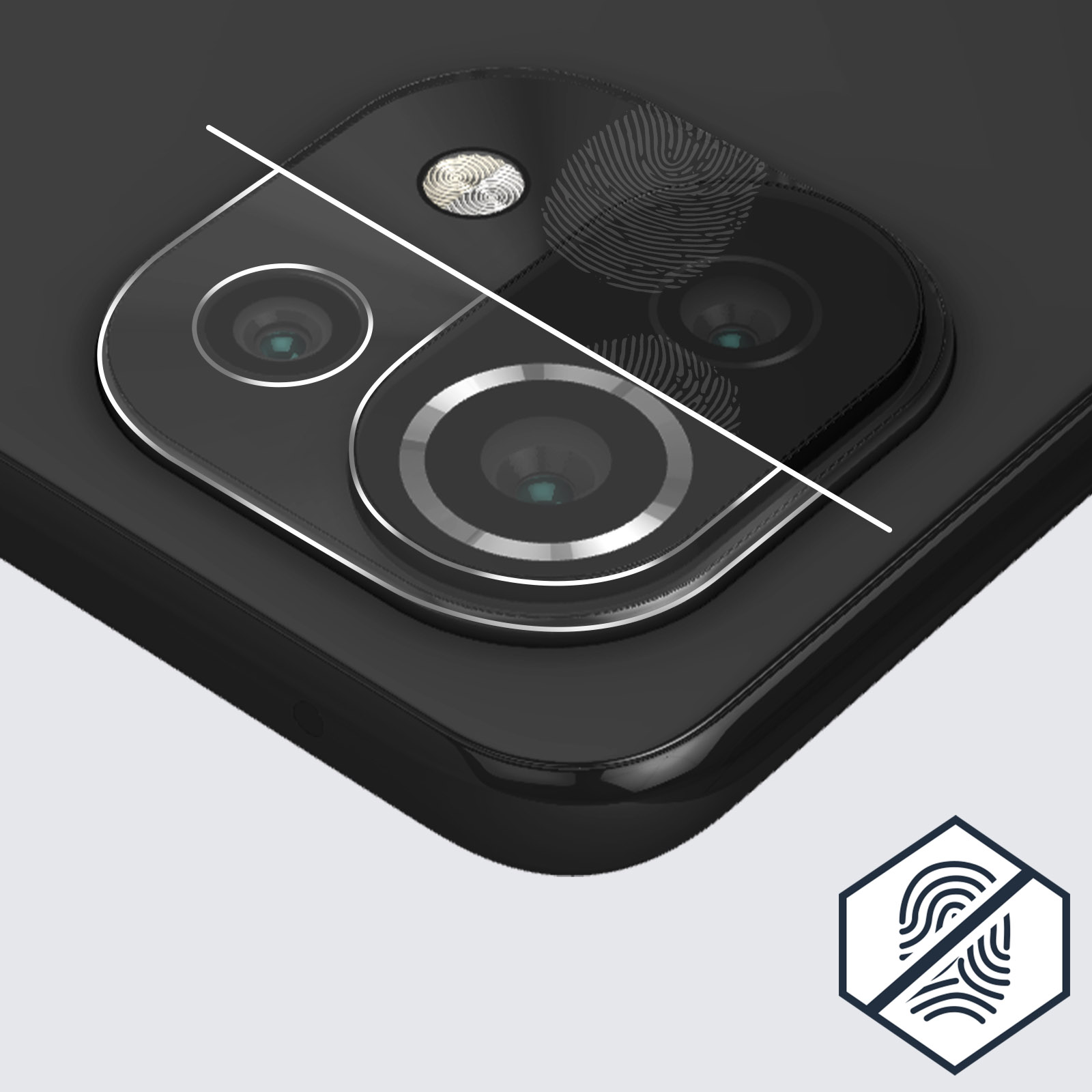 Protezione schermo telefono con icona impronta digitale e impronta sulla fotocamera.