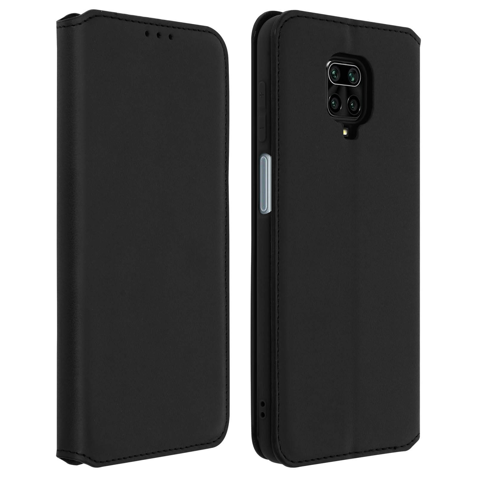 Étui de téléphone noir, ouvert pour révéler un téléphone. L'étui est en simili cuir avec un fermoir magnétique et des découpes.