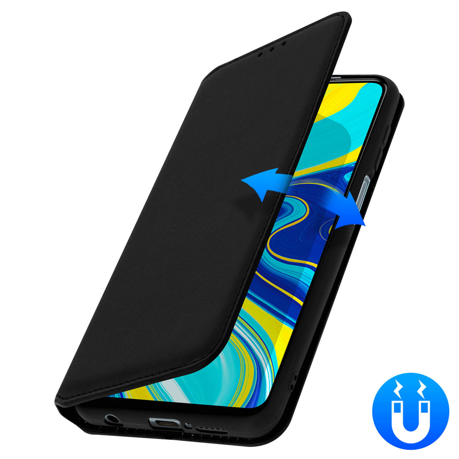 Étui de téléphone noir ouvert avec flèche bleue, écran visible. Icône magnétique.