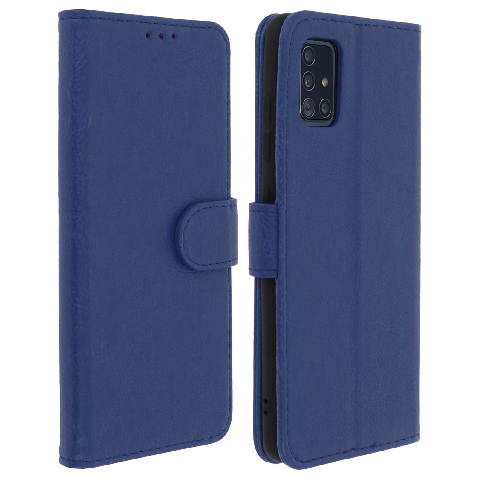 Blauwe telefoonhoes, links gesloten, rechts open. Voorzien van een knoopsluiting.