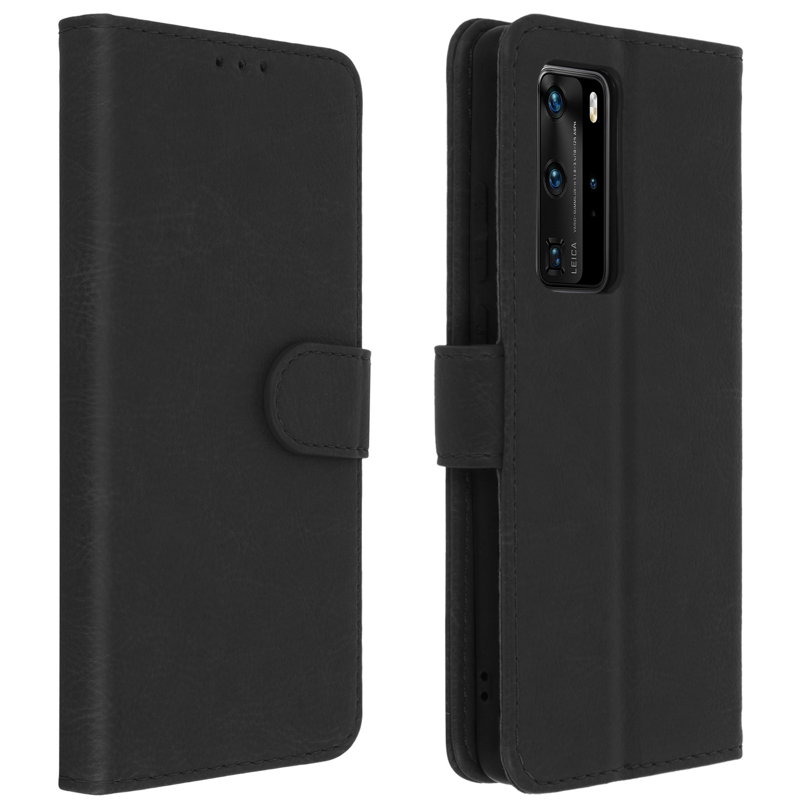 Custodia per telefono nera, chiusa e aperta, con telefono e fessura per carte.