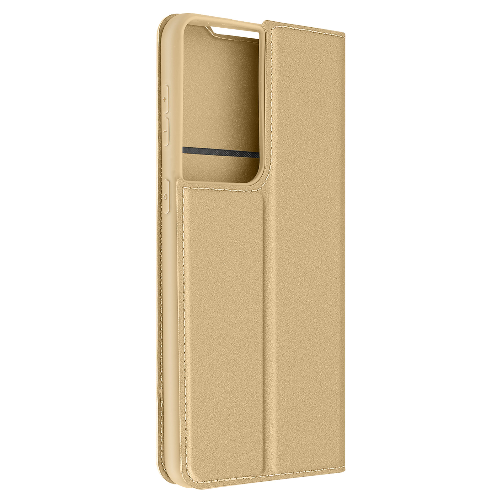 Custodia beige chiusa. La custodia ha un ritaglio per la fotocamera. Su sfondo bianco.