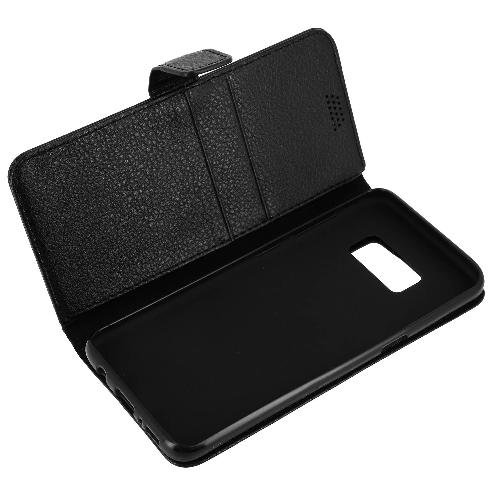 Custodia nera per telefono, aperta. Interno con fessure per carte. Contorno del telefono visibile. Sfondo bianco.
