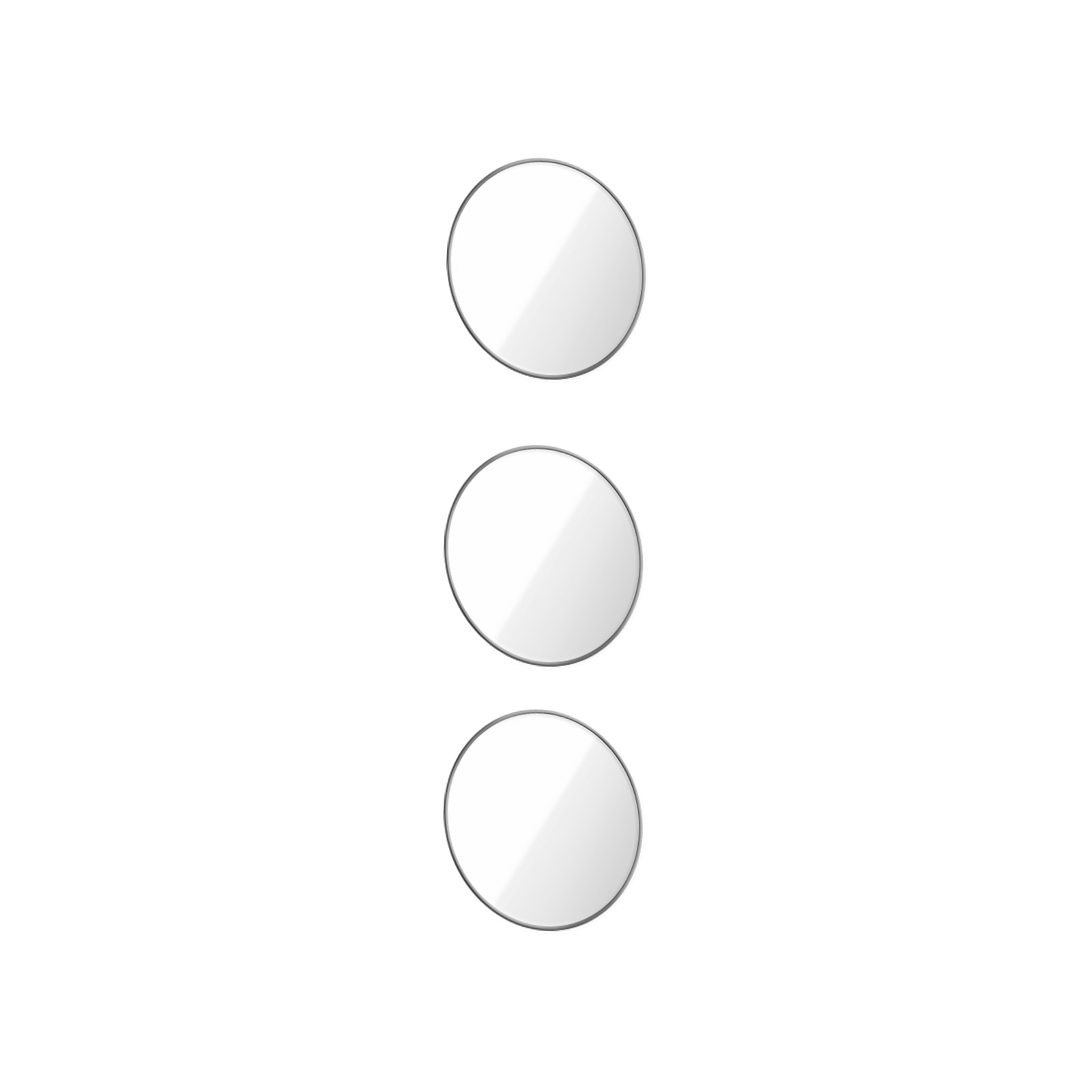Trois cercles argentés en ligne verticale, sur fond blanc.