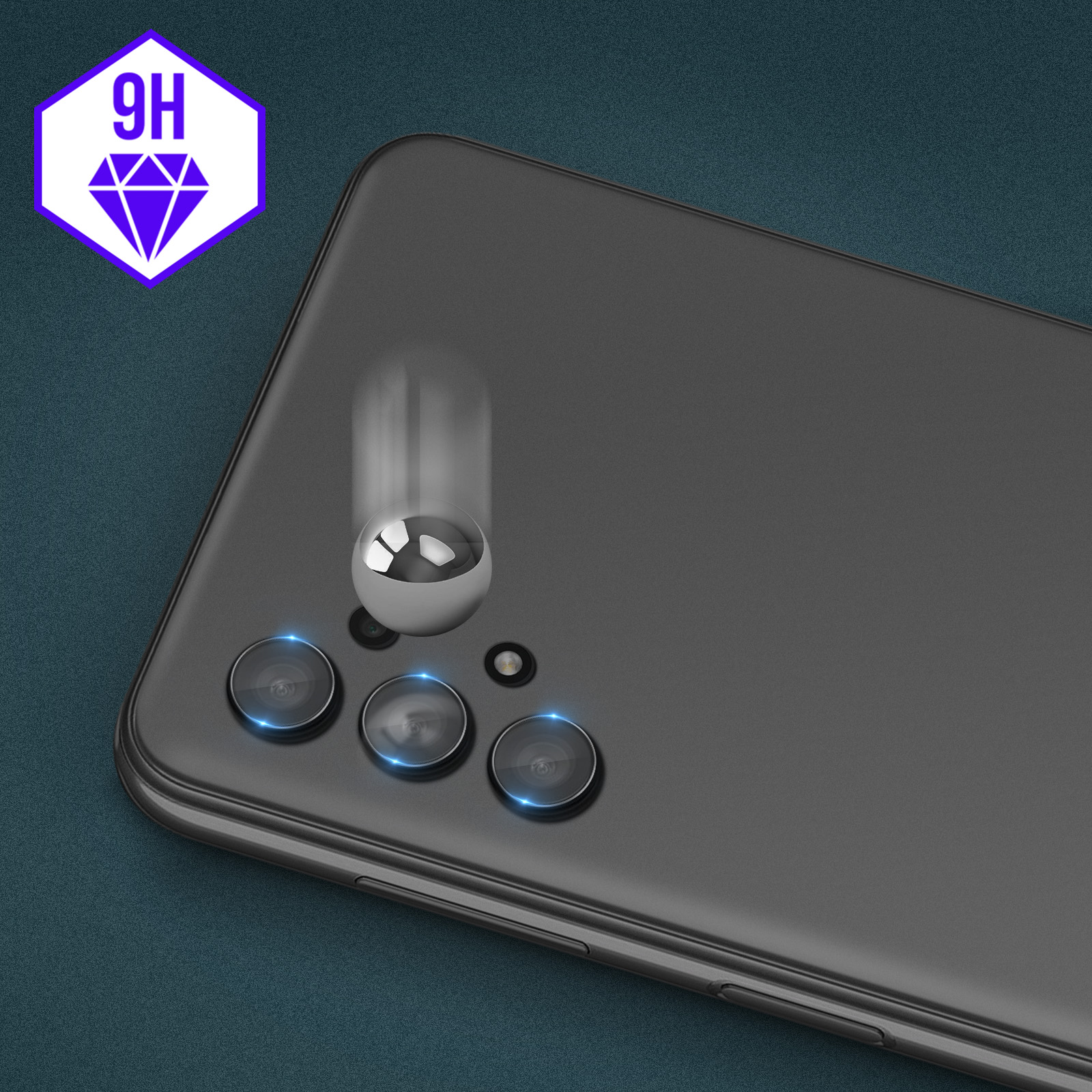 Dos de téléphone noir avec objectifs de caméra. Une boule argentée tombe vers les objectifs. Logo diamant 9H.