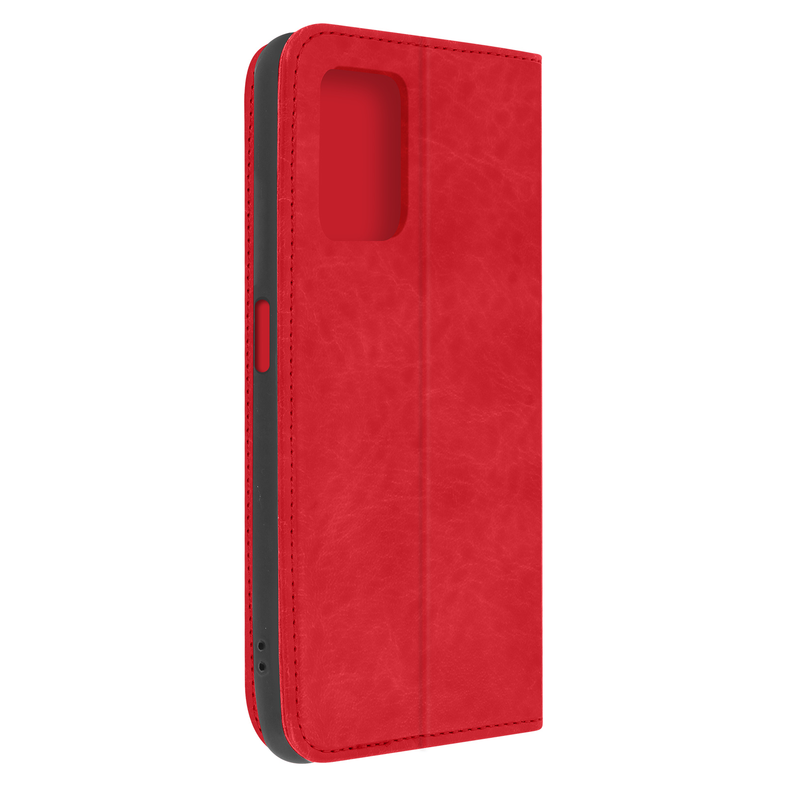 Rode leren telefoonhoes, gesloten. Zwarte rand en stiksels zichtbaar. Eenvoudig ontwerp.