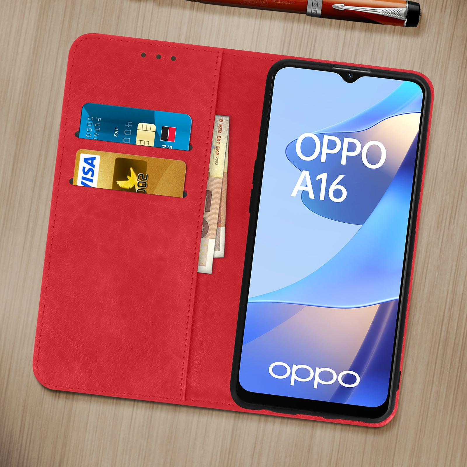 Een telefoon in een rode hoes met kaarten en geld erin. De telefoon toont het Oppo-logo.