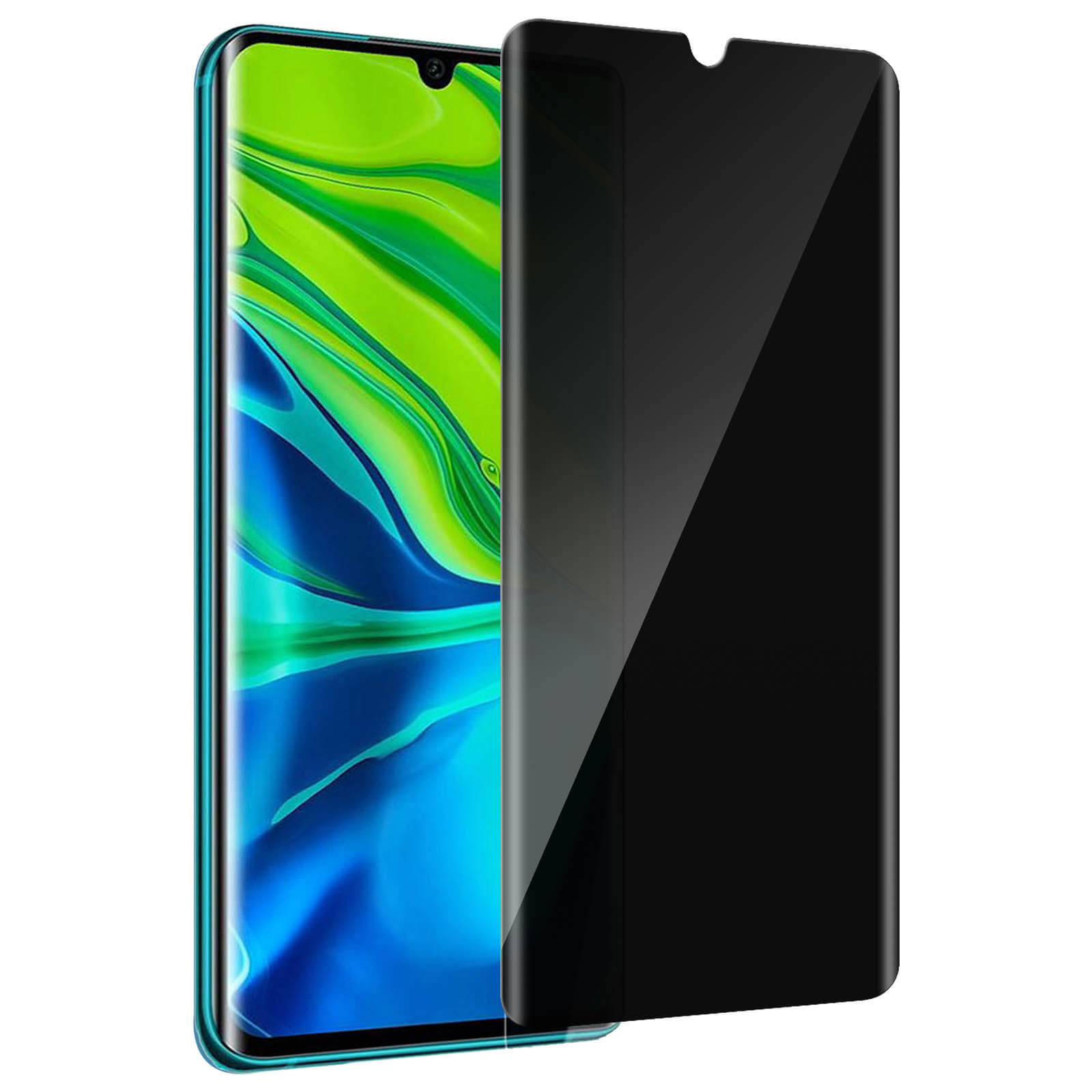 Uno smartphone con protezione schermo. Il telefono ha un display verde e la protezione è nera.
