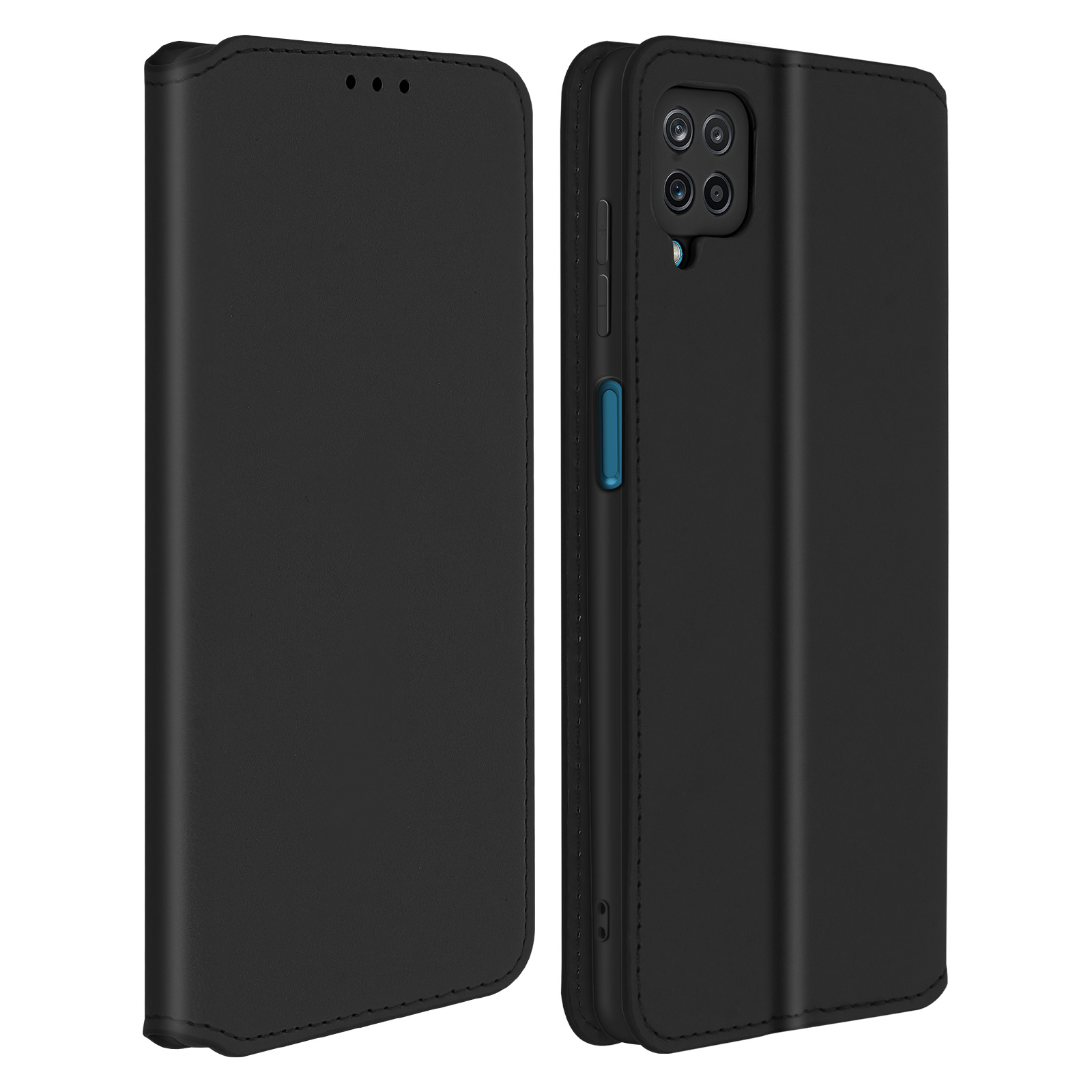 Étui de téléphone noir. Ouvert, avec fermeture à bouton.