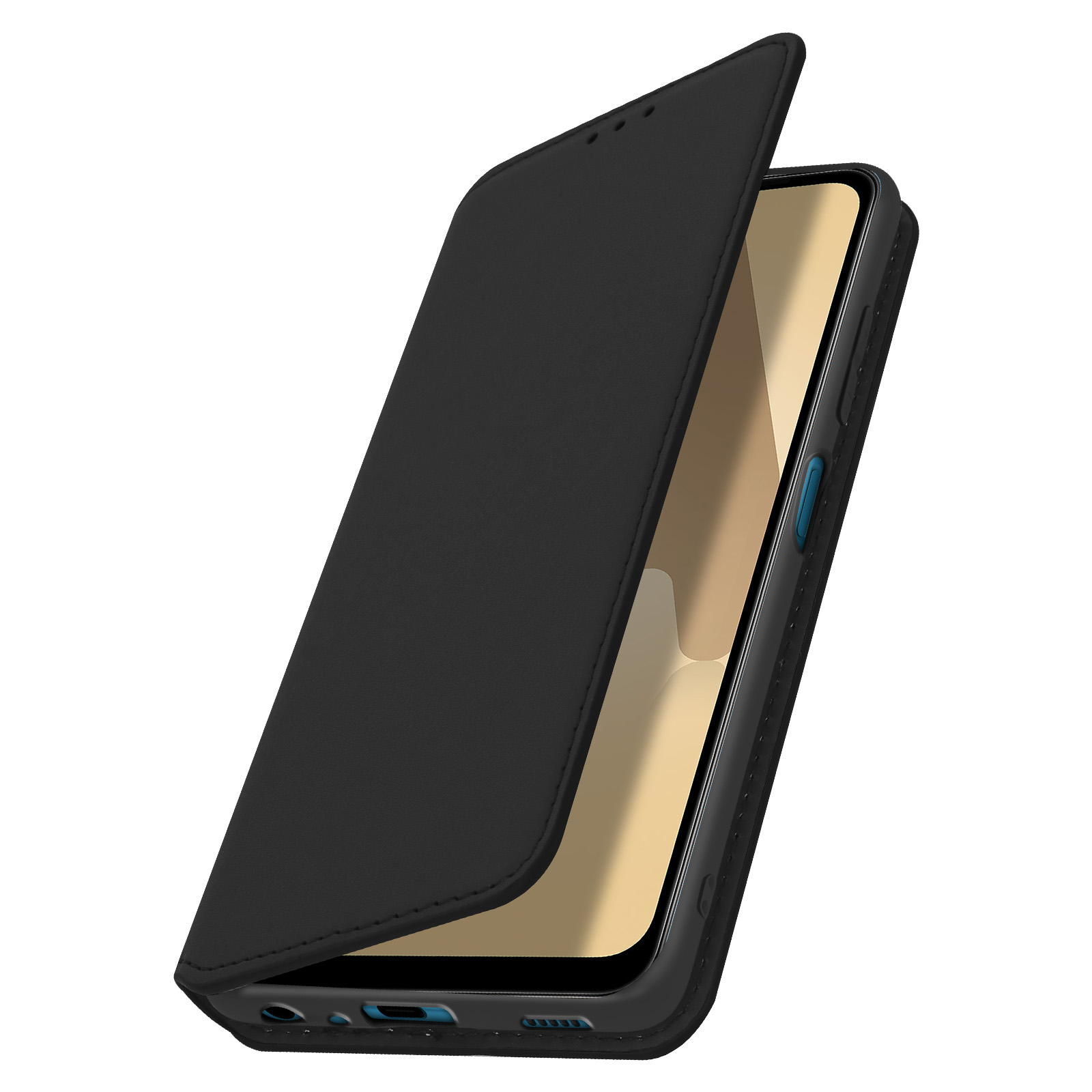 Étui de téléphone noir, ouvert, montrant l'écran. Fond blanc.