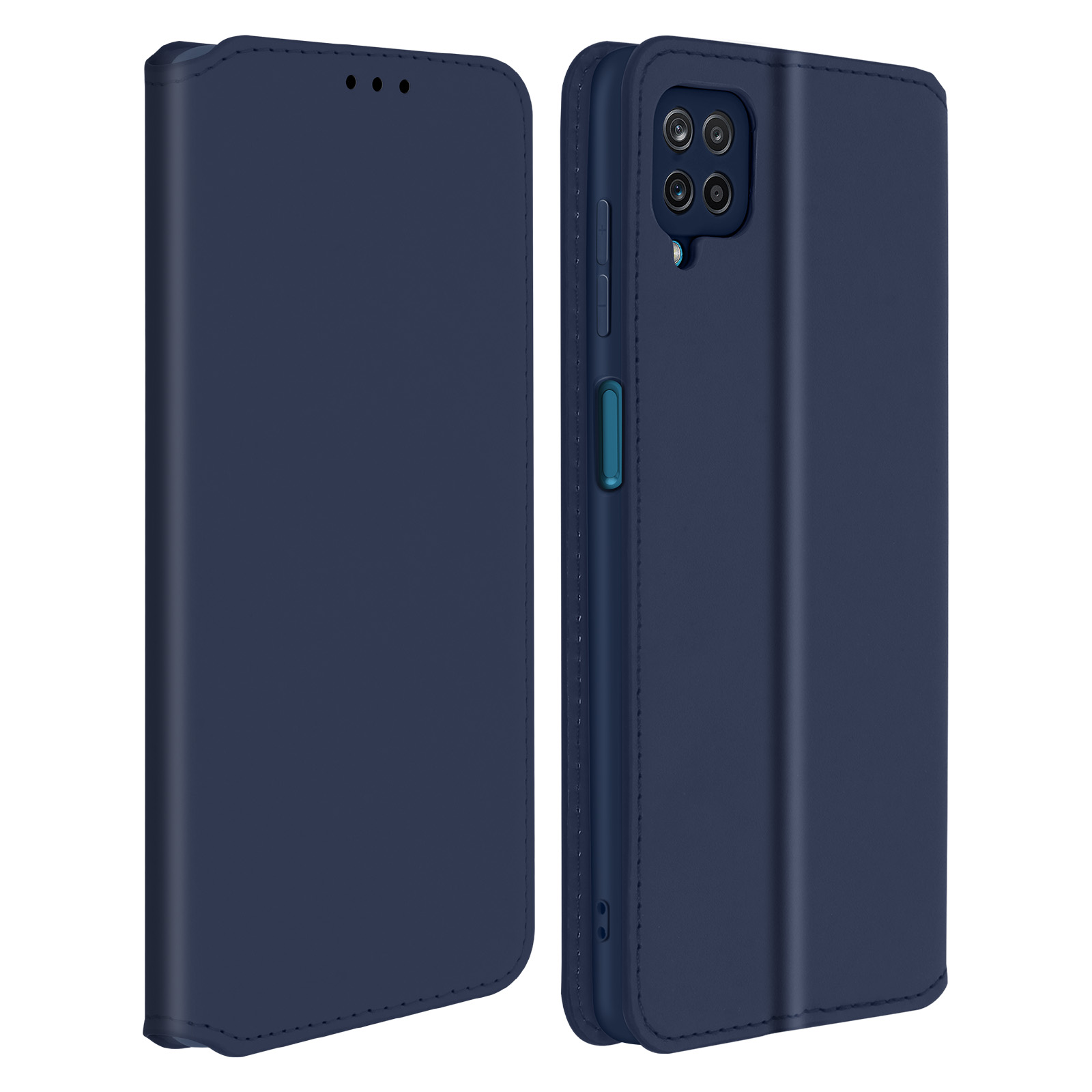 Étui de téléphone bleu marine, fermé. Avec couvercle et bouton. Montre la caméra du téléphone.