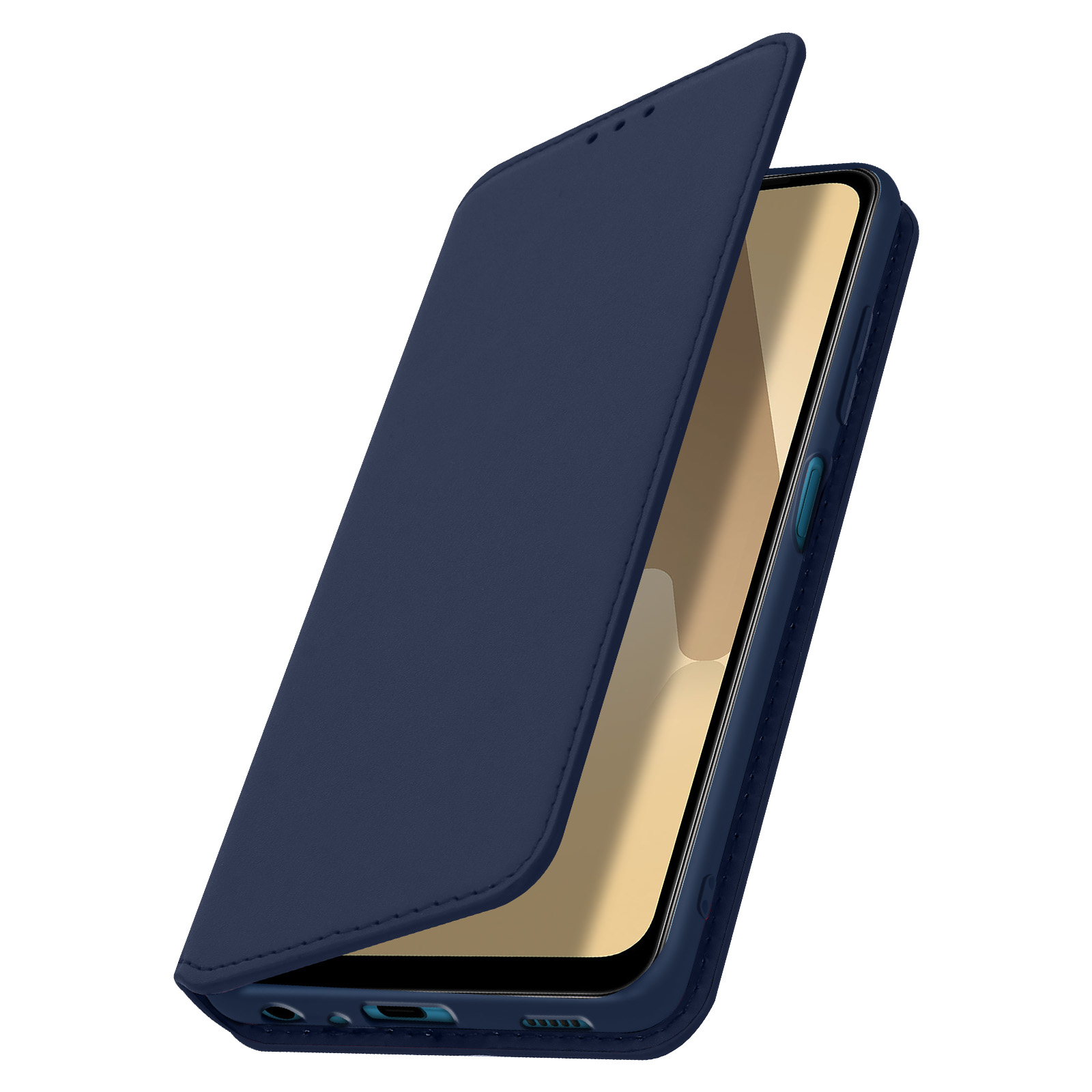 Un étui de téléphone bleu est ouvert, révélant l'écran du téléphone. Le téléphone est bleu marine.