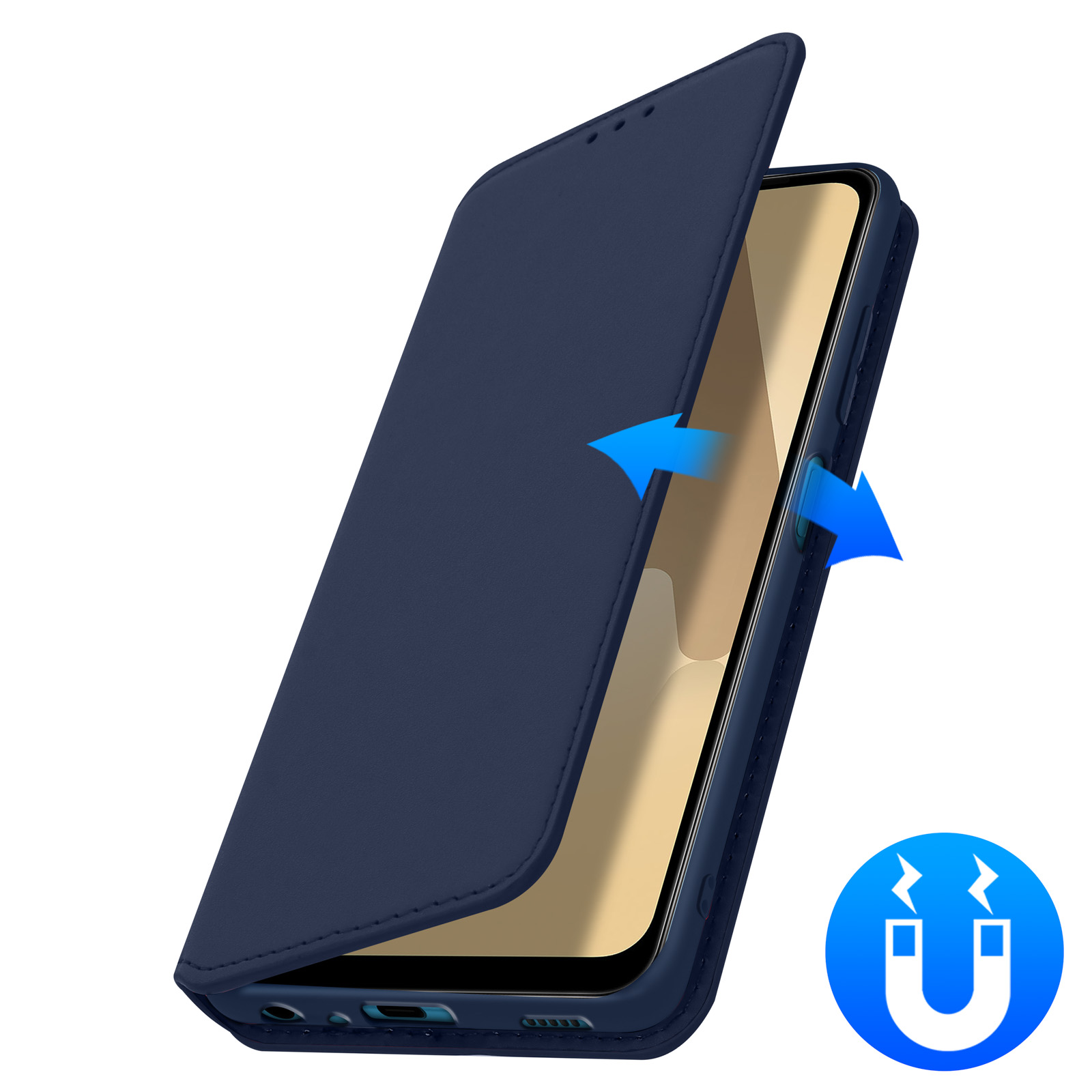 Étui de téléphone bleu, ouvert, avec des flèches indiquant la direction d'ouverture.