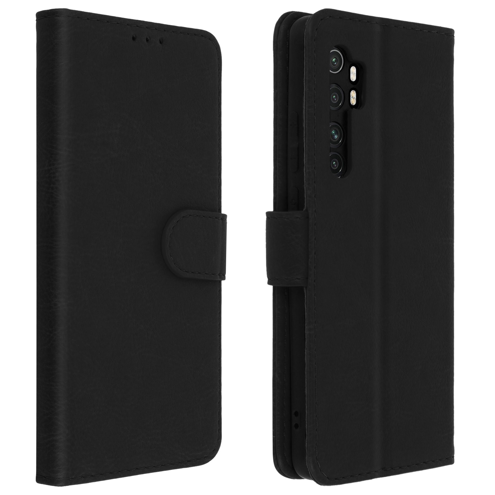 Coque de téléphone noire, fermée. Montre un motif texturé et un bouton.