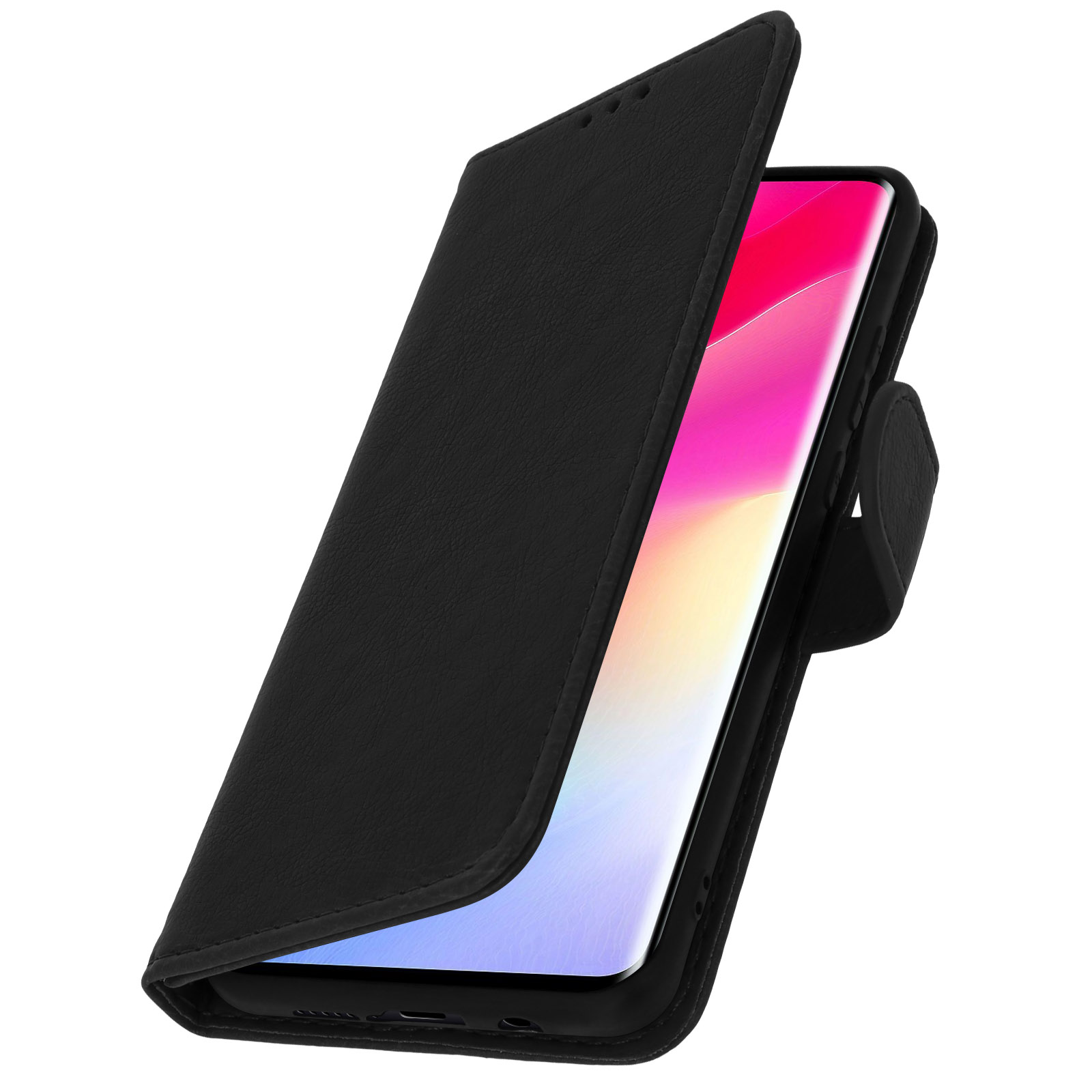 Coque de téléphone noire ouverte, révélant un écran de téléphone avec une image abstraite colorée.