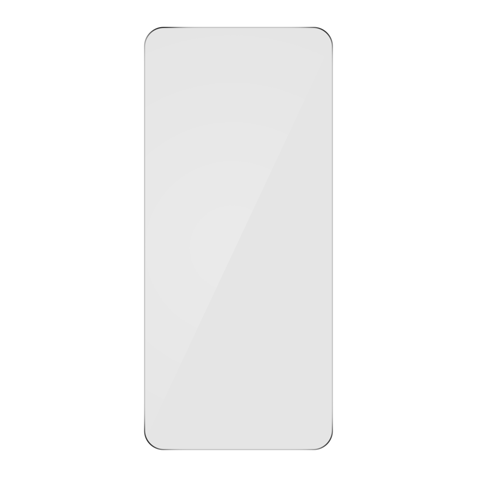 Protector de pantalla transparente. Forma rectangular con esquinas redondeadas. Borde negro, superficie brillante, fondo blanco.