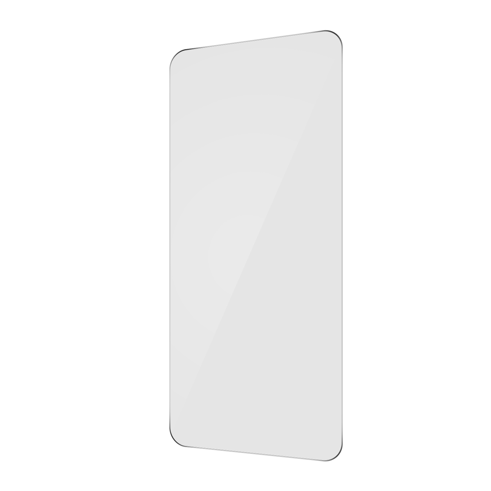 Un protector de pantalla de cristal sobre un fondo blanco. Es rectangular con esquinas redondeadas.
