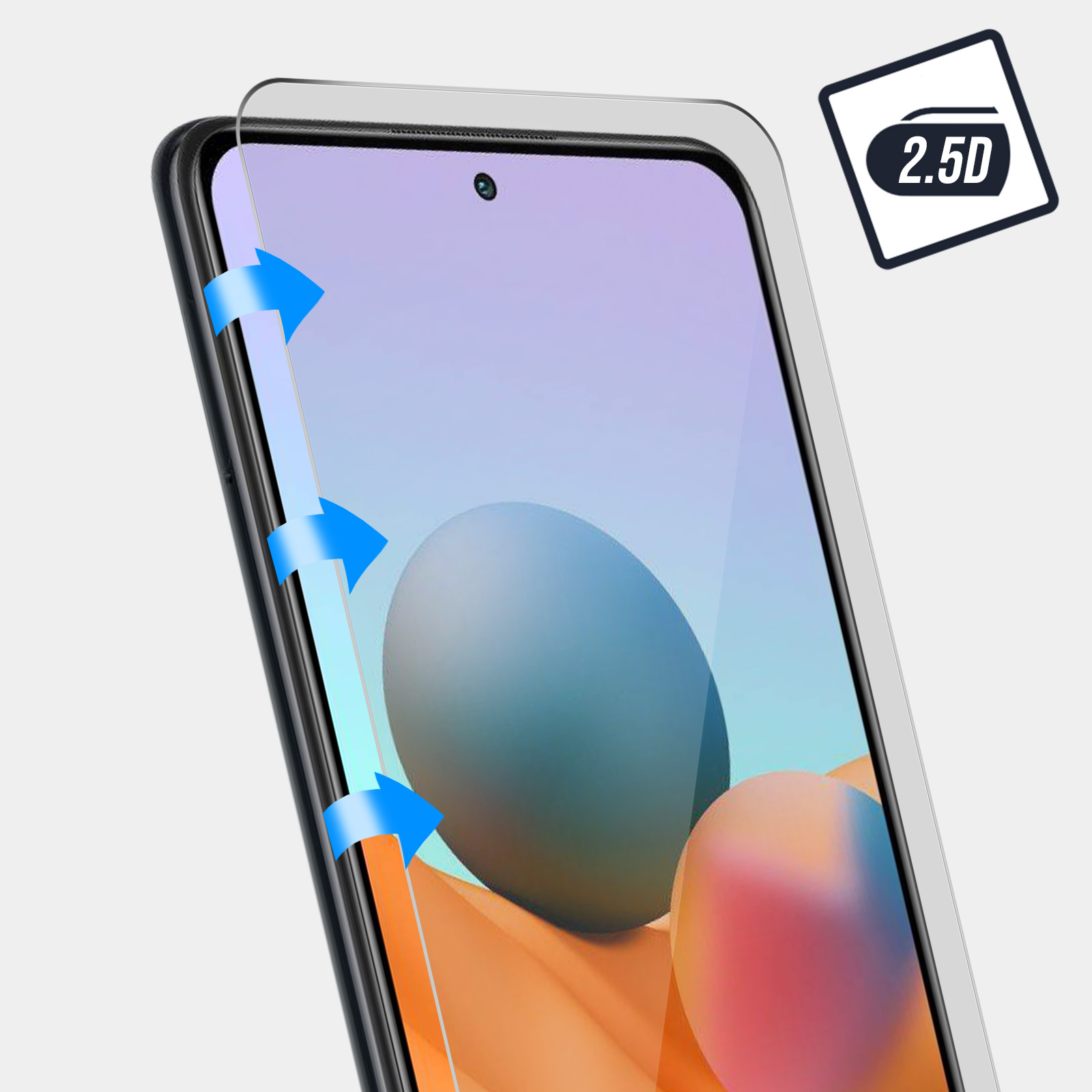 Un teléfono con protector de pantalla, flechas que demuestran la aplicación del protector.