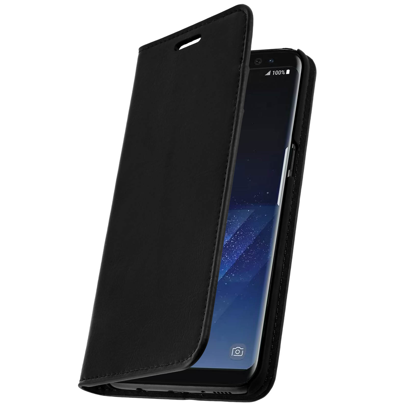 Custodia nera per telefono con coperchio aperto, che rivela lo schermo e la fotocamera del telefono.