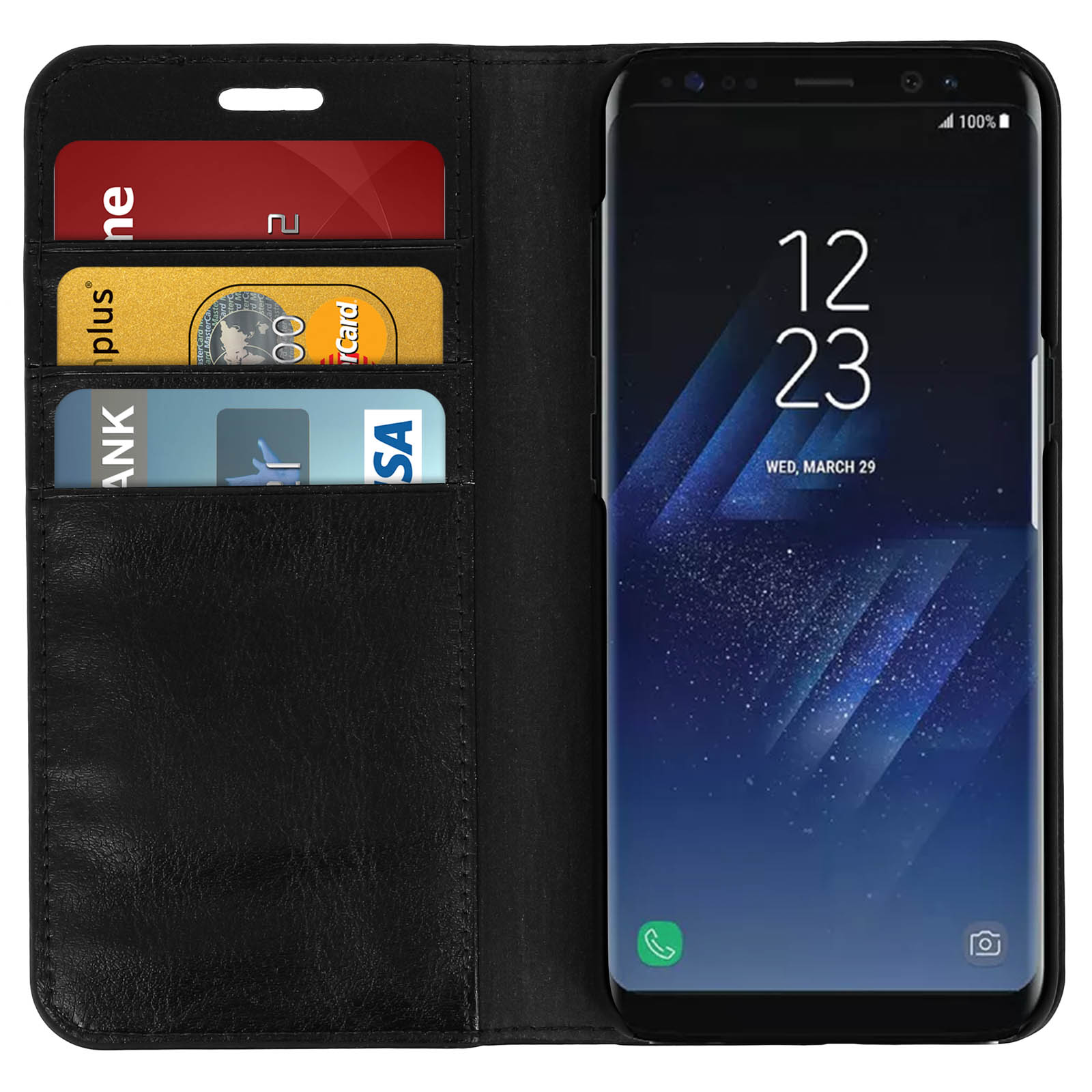 Schwarze Geldbörsenhülle mit einem Telefon, das einen blauen Bildschirm zeigt. Kreditkarten sind sichtbar.