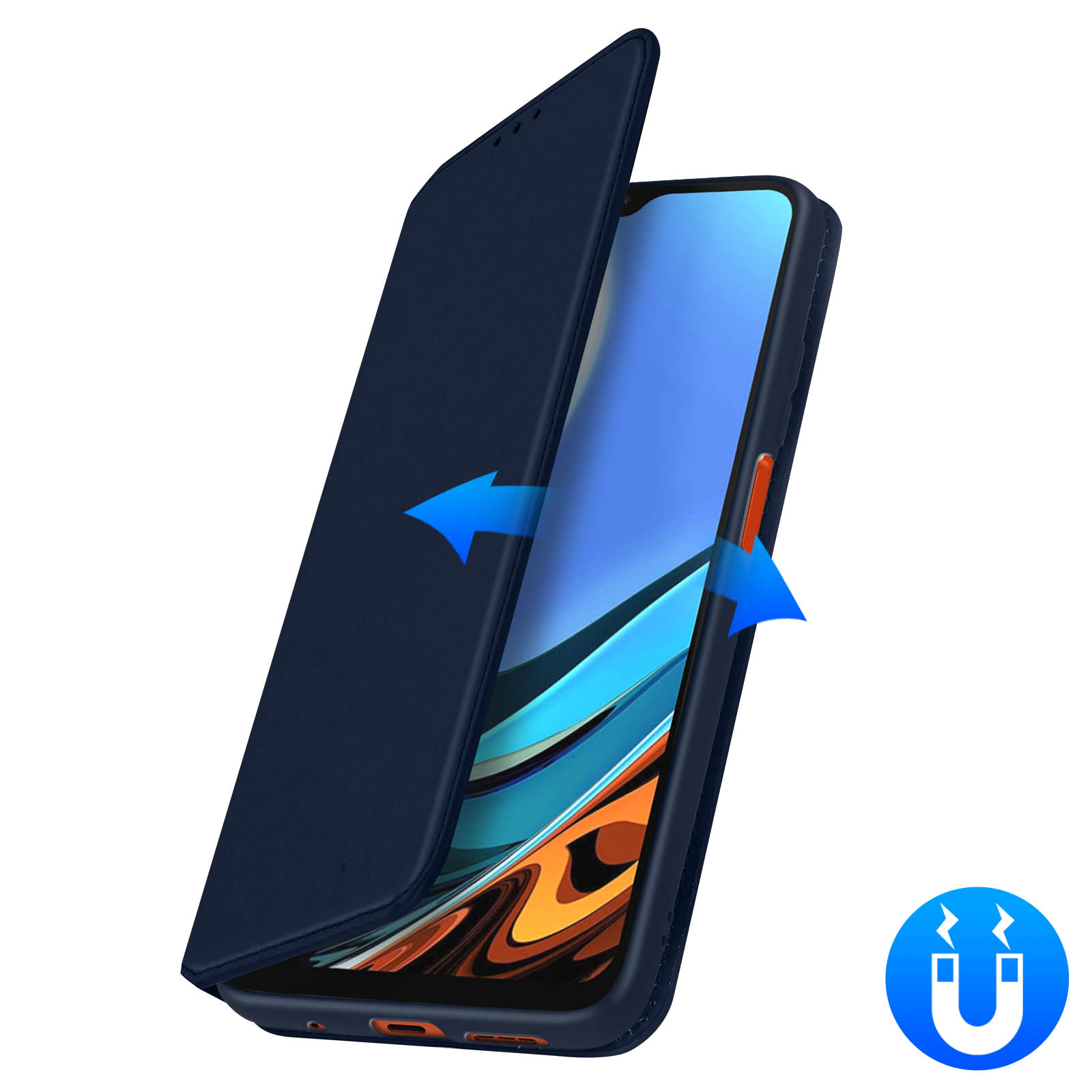 Una custodia blu per telefono viene aperta per rivelare lo schermo del telefono. Frecce blu indicano l'azione.