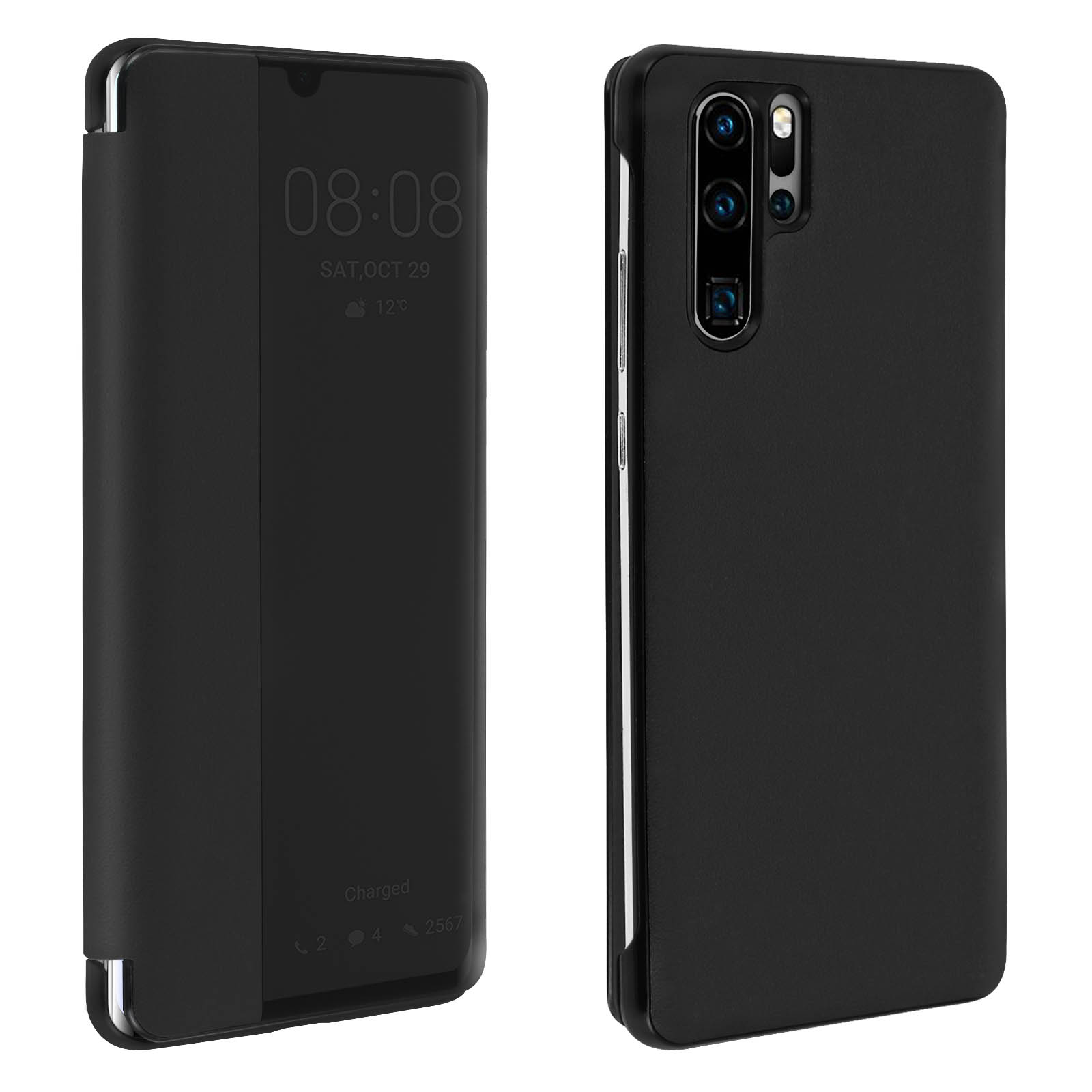 Custodia nera per telefono con coperchio aperto, che mostra l'ora. Il lato destro mostra il telefono con fotocamera.