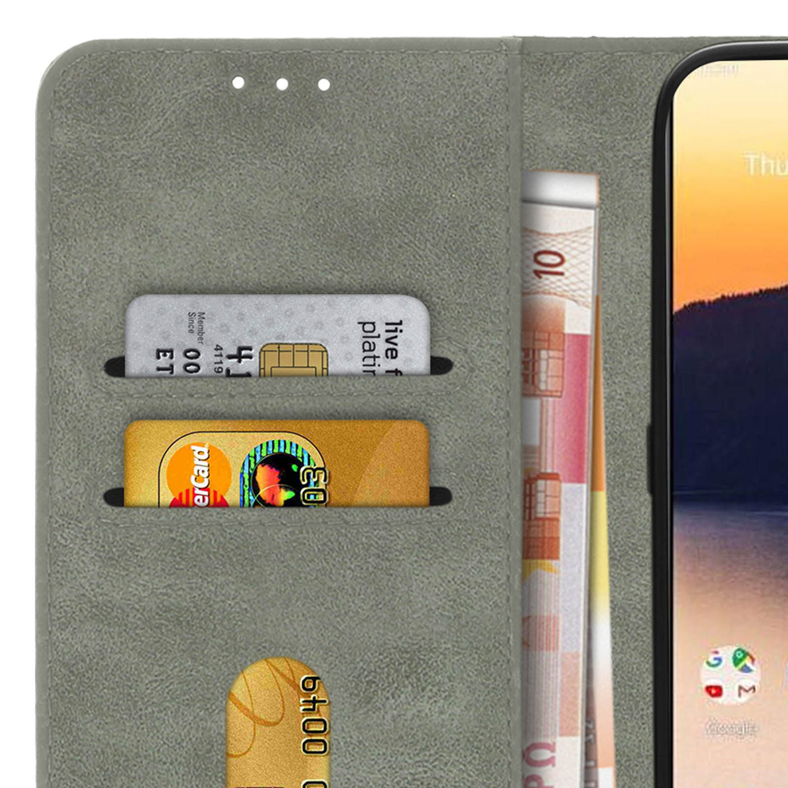 Un telefono in una custodia grigia con carta di credito e denaro. Telefono visibile a destra.